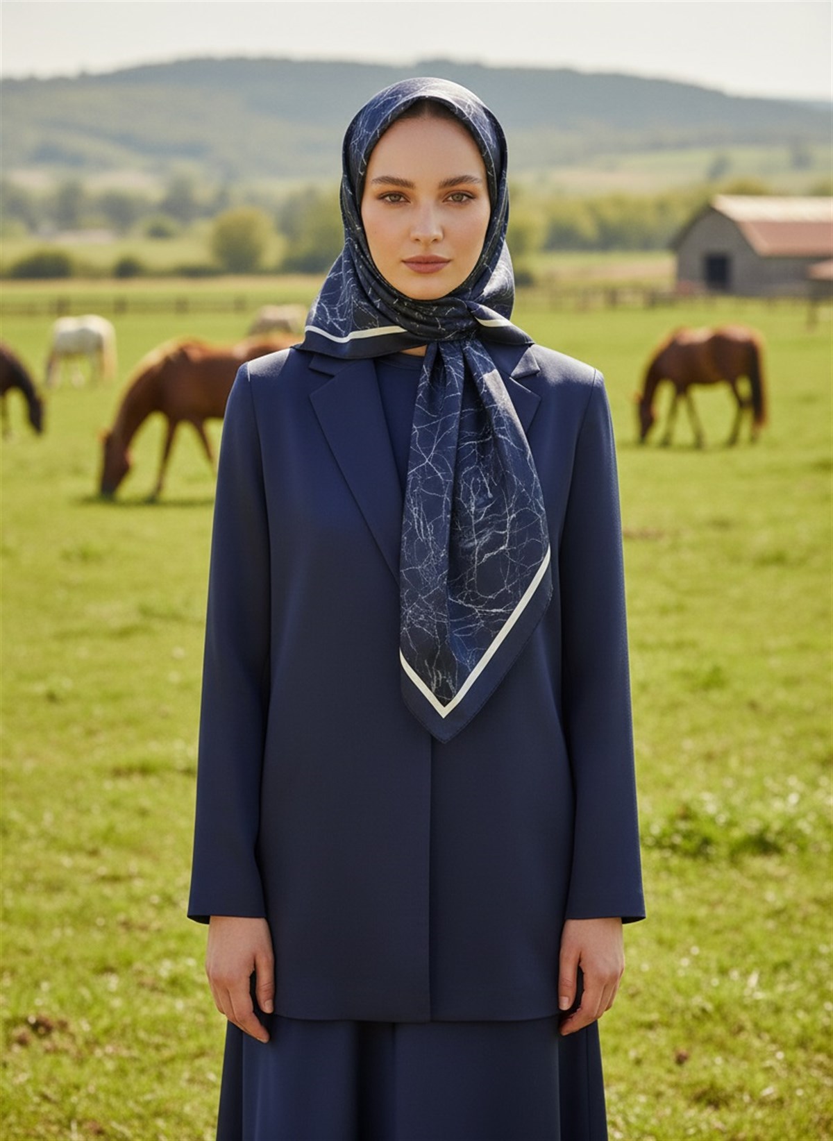 %100 Twill İpek Mermer Desenli Lacivert Renkli 90x90 Eşarp Dikim Şekli : El Dikişi