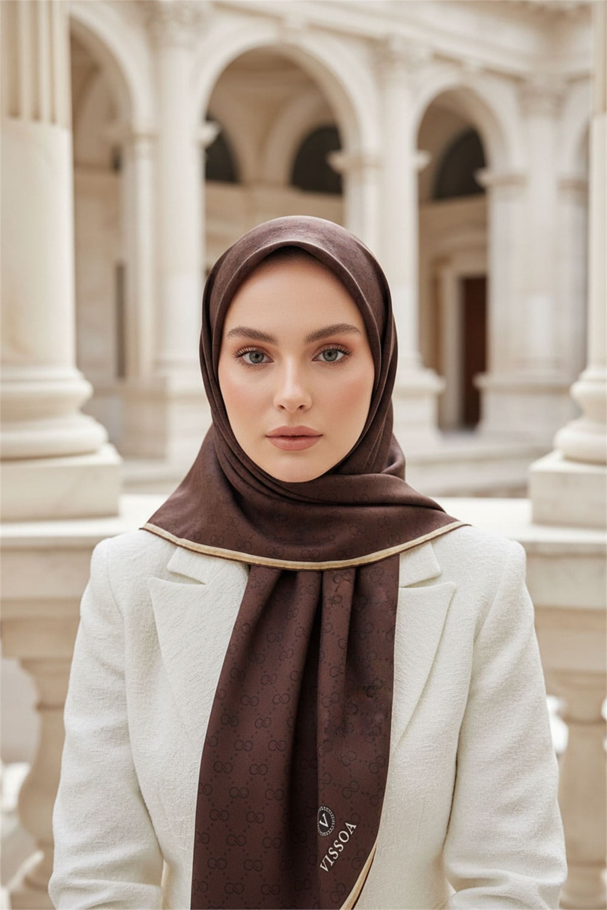 %100 Twill İpek Geometrik Desenli Kahverengi Renkli 90x90 Eşarp Dikim Şekli : El Dikişi