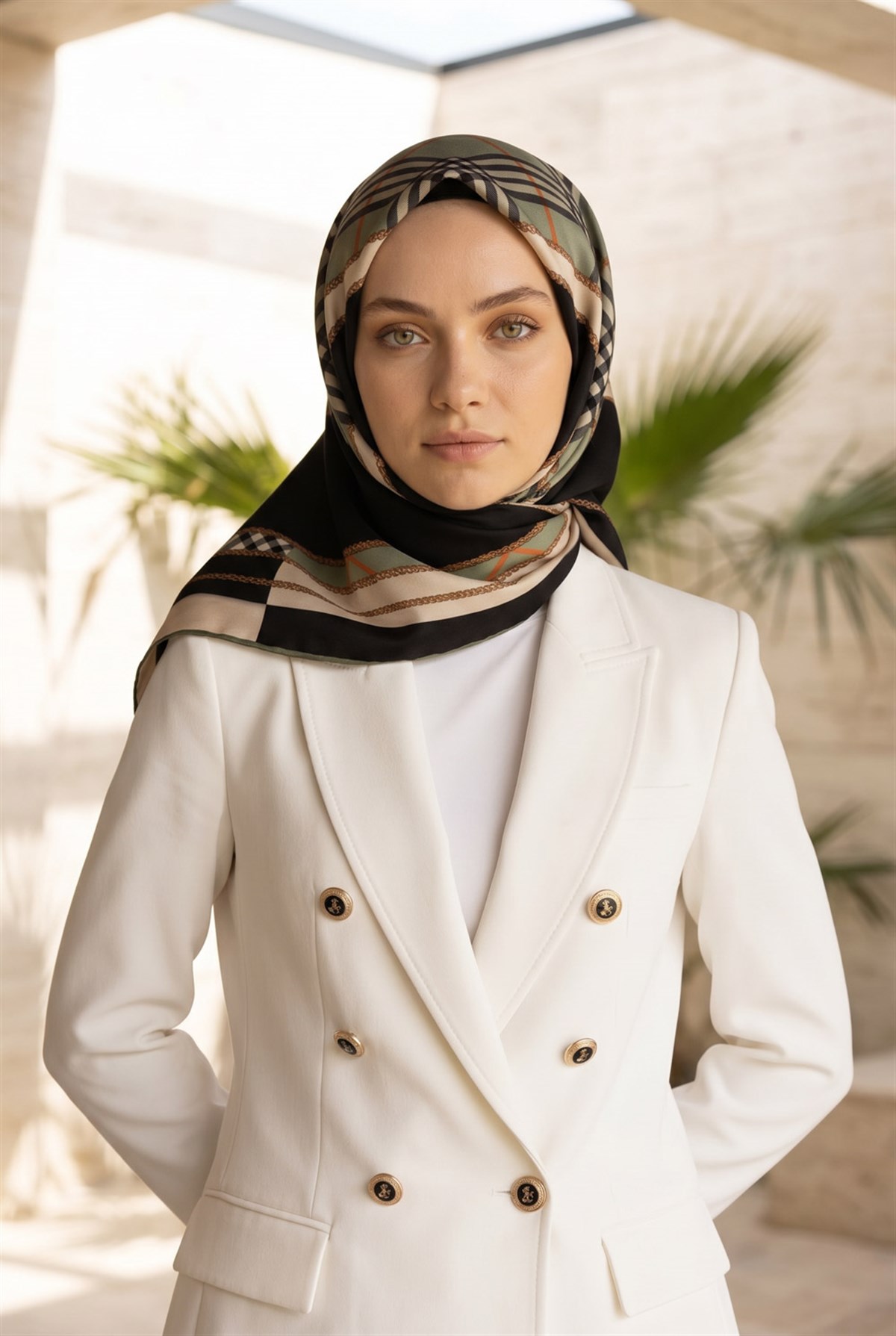%100 Twill İpek Ekose Desenli Çağla Yeşili Renkli 90x90 Eşarp Dikim Şekli : El Dikişi