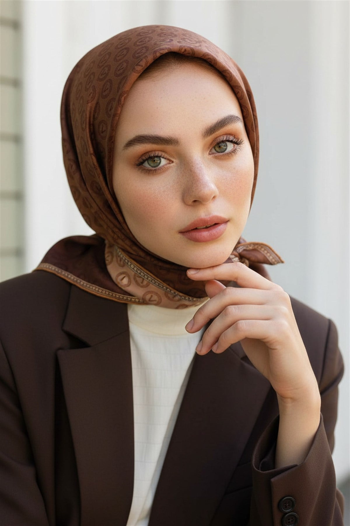 %100 Twill İpek Monogram Desenli Hardal Renkli 90x90 Eşarp Dikim Şekli : El Dikişi
