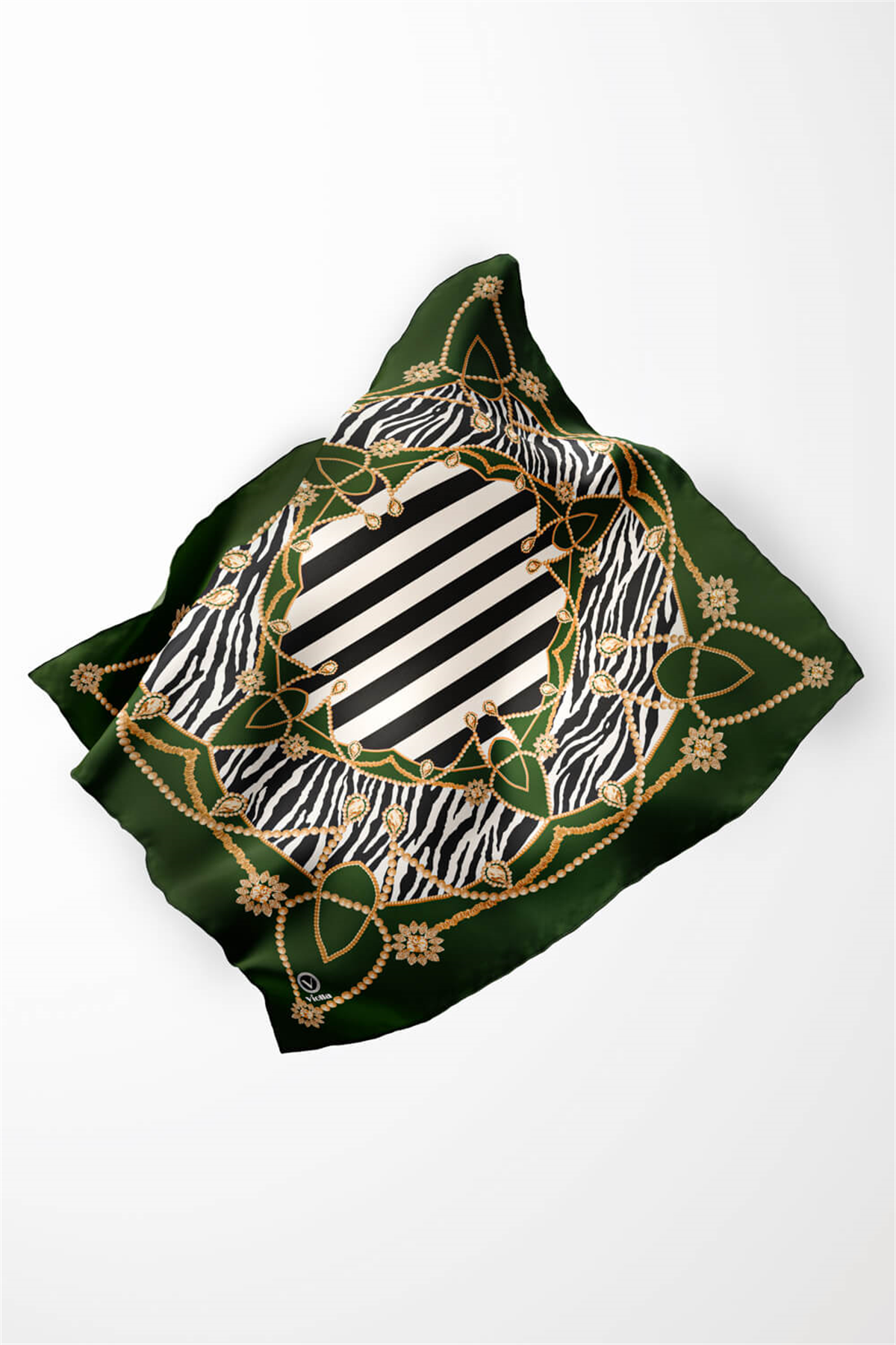 Twill Gold Detaylı Zebra Desenli Zümrüt Yeşili Renkli 90x90 Eşarp (İpek İçermez) Kenar Dikiş Şekli El Dikişli
