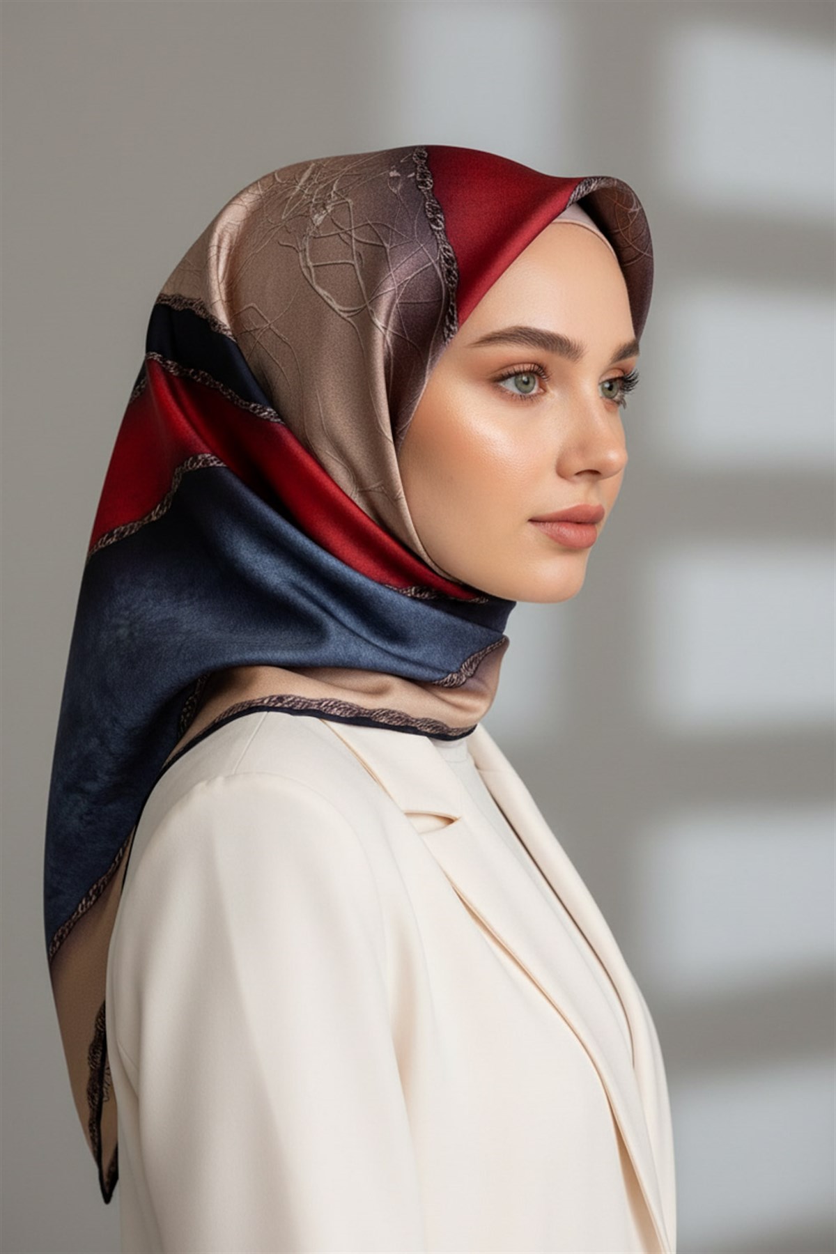 %100 Twill İpek Dokulu Geometrik Desenli Bordo - İndigo Renkli 90x90 Eşarp Dikim Şekli : El Dikişi