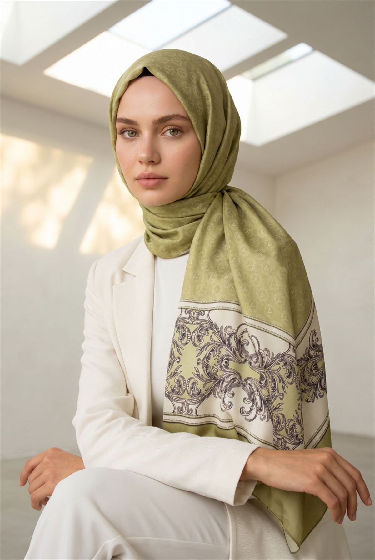 %100 Saf İpek Şal İnce Saten Vual Dokuma Monogram Ve Varank Desenli 90x210 Şal