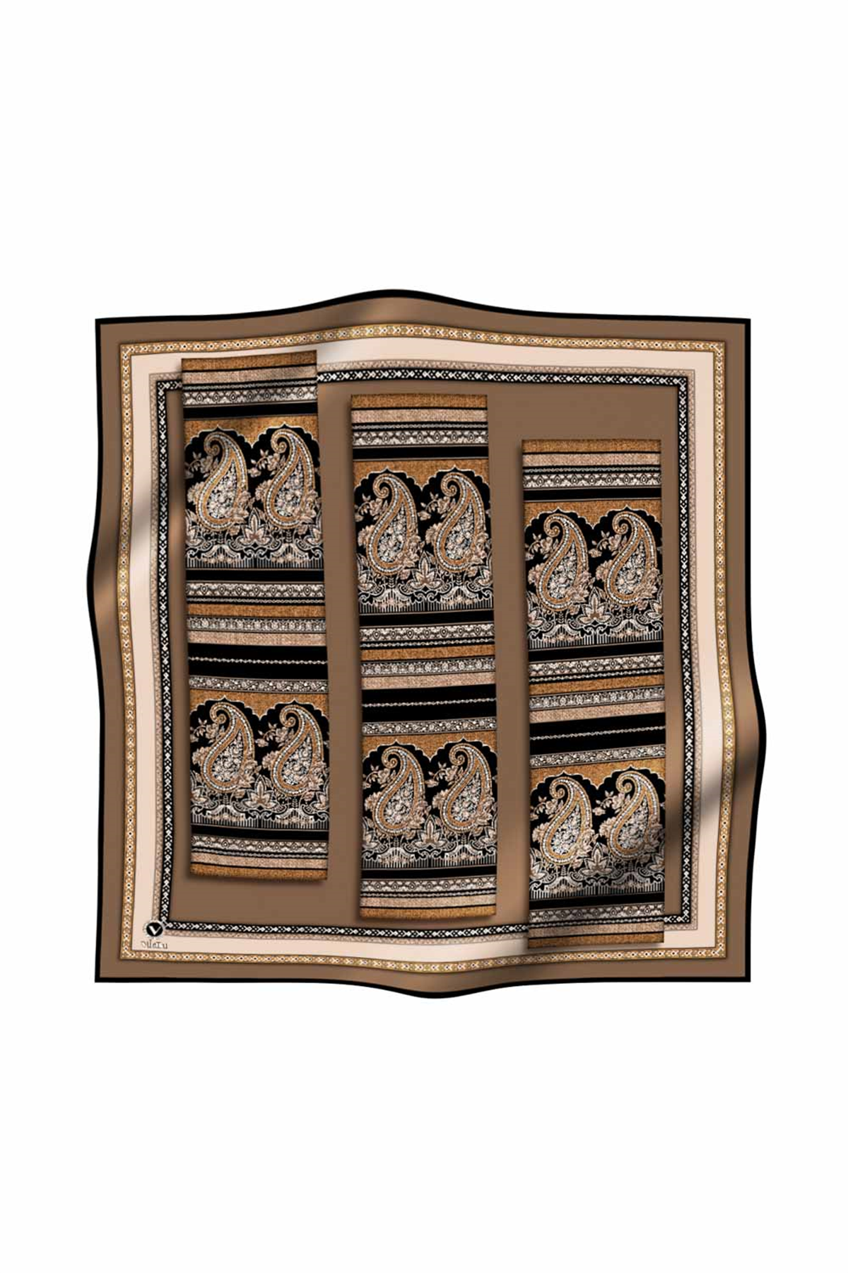 Twill Şal Desenli Bej Renkli 90x90 Eşarp (İpek İçermez) Kenar Dikiş Şekli El Dikişli