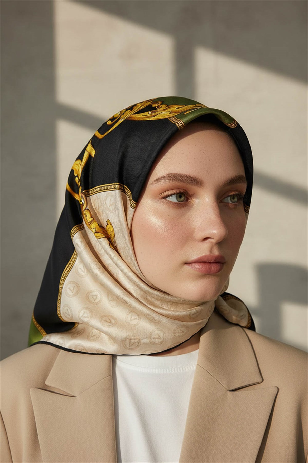 %100 Twill İpek Monogram Ve Barok Desenli Siyah - Haki Renkli 90x90 Eşarp Dikim Şekli : El Dikişi
