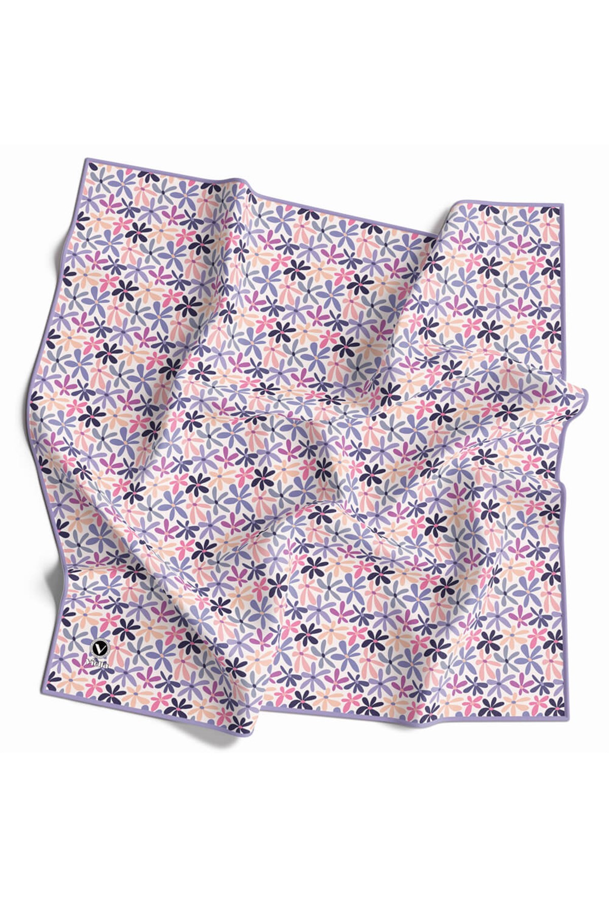 Twill Renkli Çiçek Desenli Lila Renkli 90x90 Eşarp (İpek İçermez) Kenar Dikiş Şekli El Dikişli