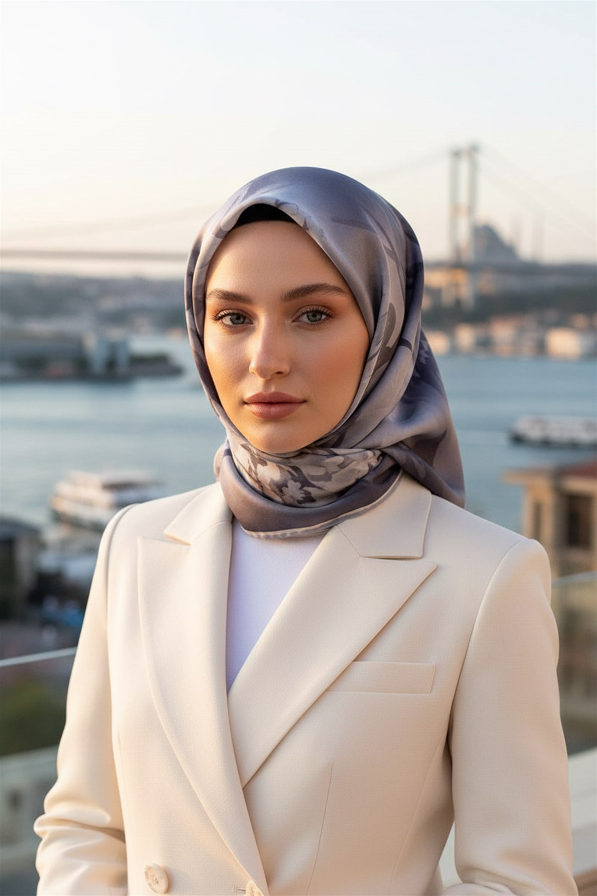100% Twill İpek Çiçek Desenli Gümüş Renkli 90x90 Dikim Şekli : El Dikişi Eşarp