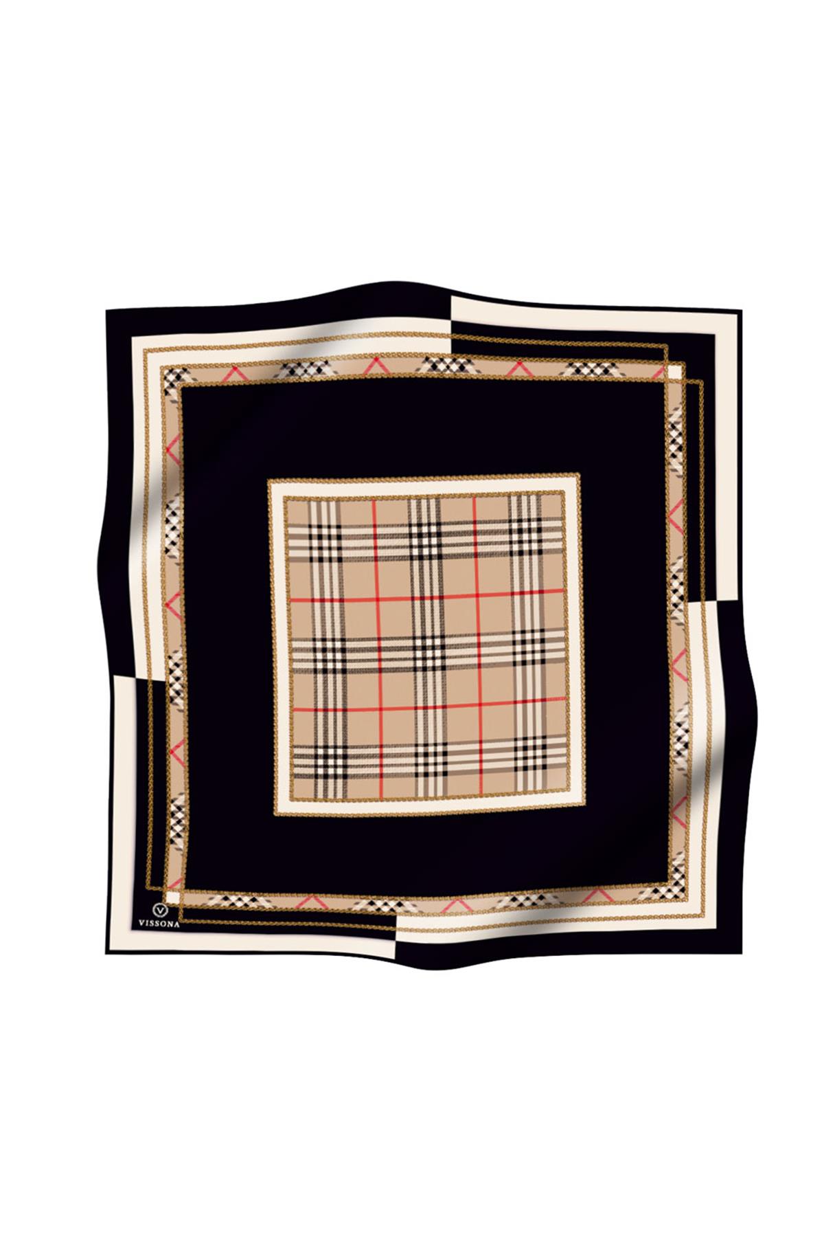 %100 Twill İpek Ekose Desenli Siyah Renkli 90x90 Eşarp Dikim Şekli : El Dikişi