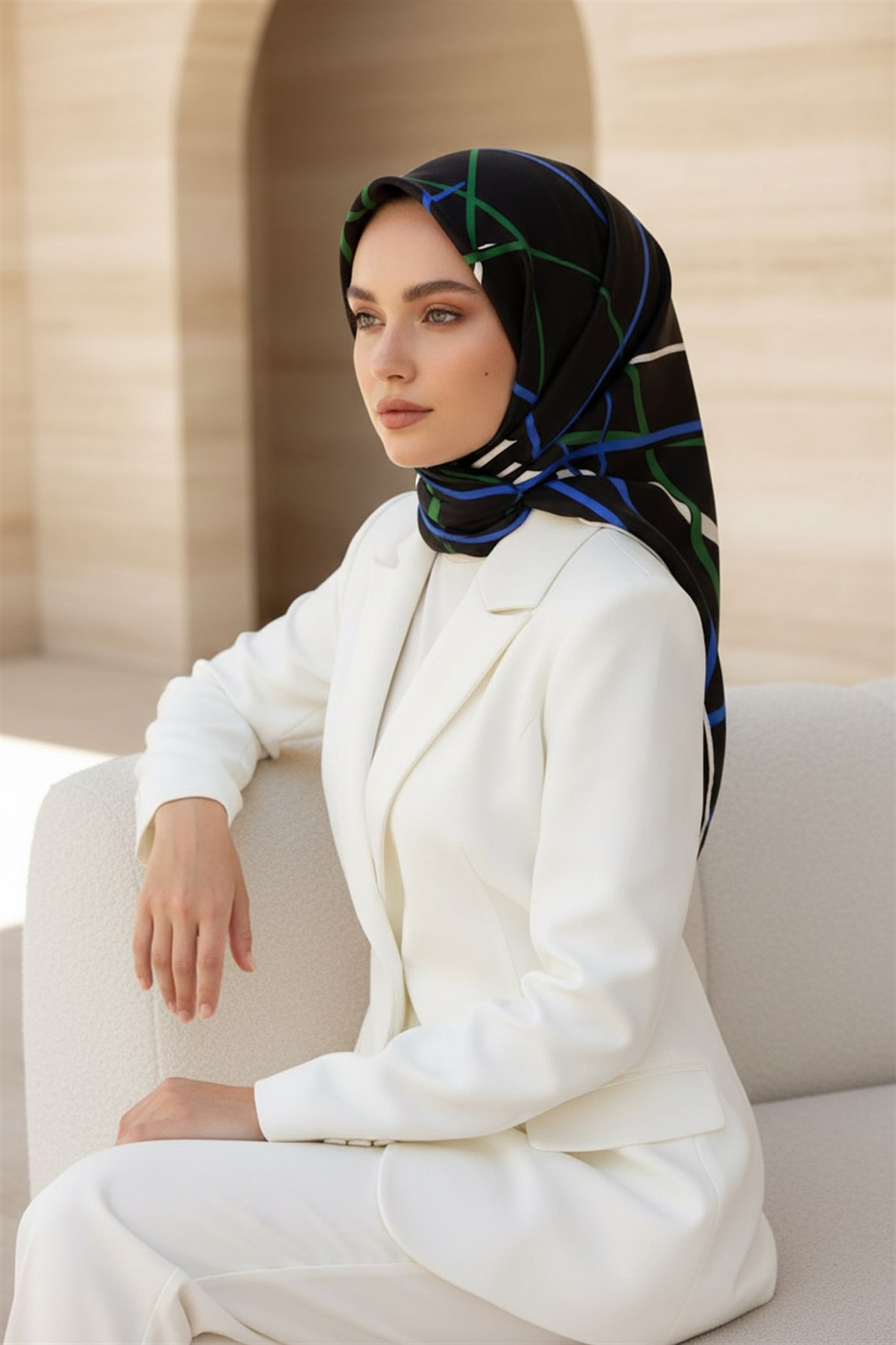 %100 Twill İpek Çizgili Desenli Saks - Zümrüt Yeşili Renkli 90x90 Eşarp Dikim Şekli : El Dikişi