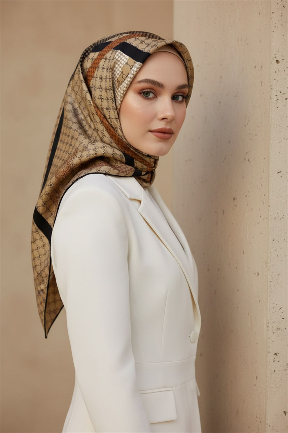 %57 İPEK %43 VİSKON Twill İpek Monogram Ve Şerit Desenli Bej - Siyah Renkli 90x90 Eşarp Dikim Şekli : El Dikişi