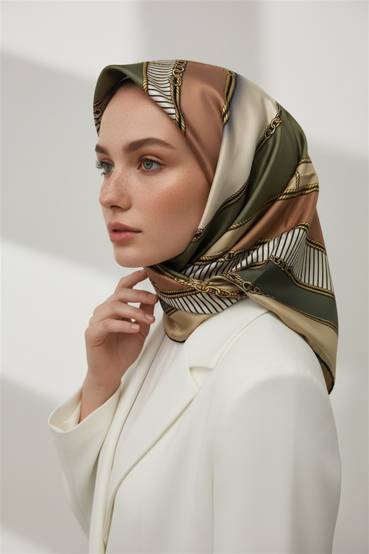 %100 Twill İpek Zincir Detaylı Geometrik Desenli Haki - Bakır Renkli 90x90 Eşarp Dikim Şekli : El Dikişi