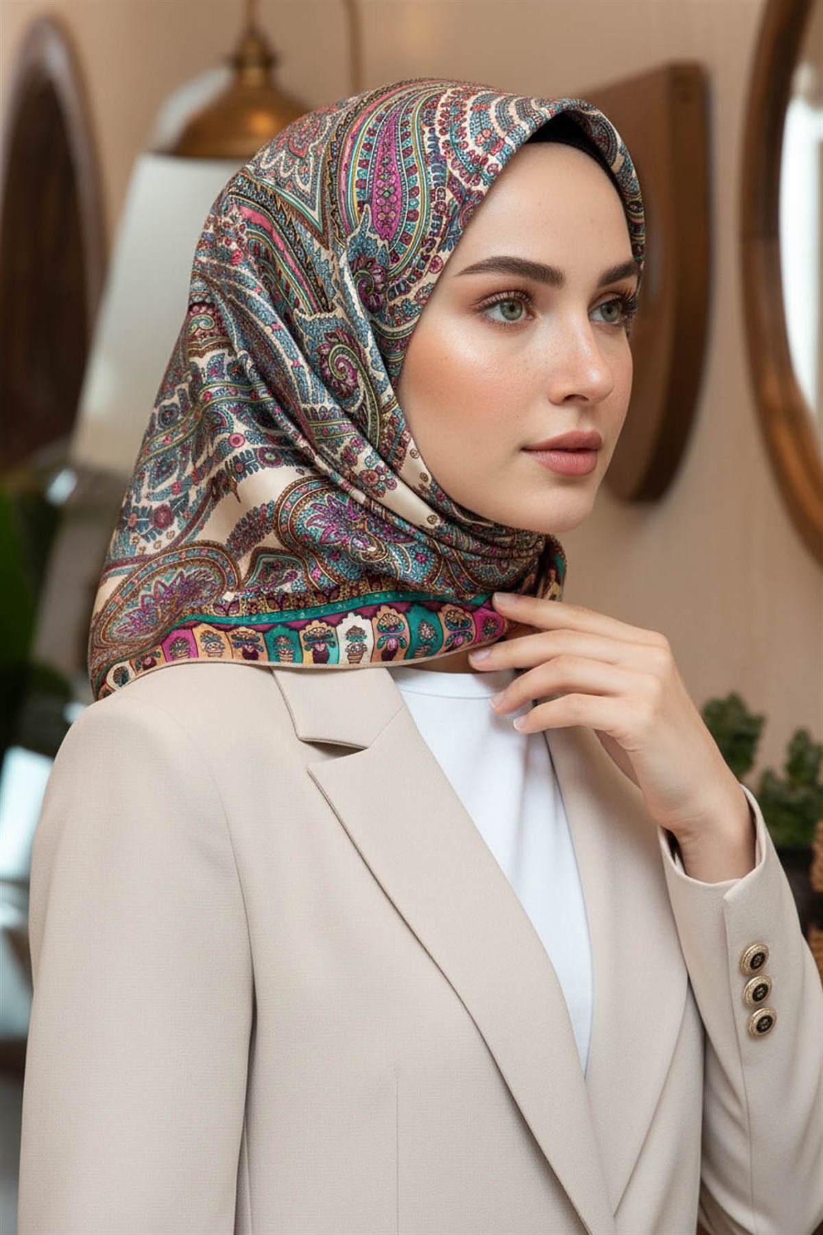 %100 Twill İpek Etro Desenli Vizon - İndigo Renkli 90x90 Eşarp Dikim Şekli : El Dikişi