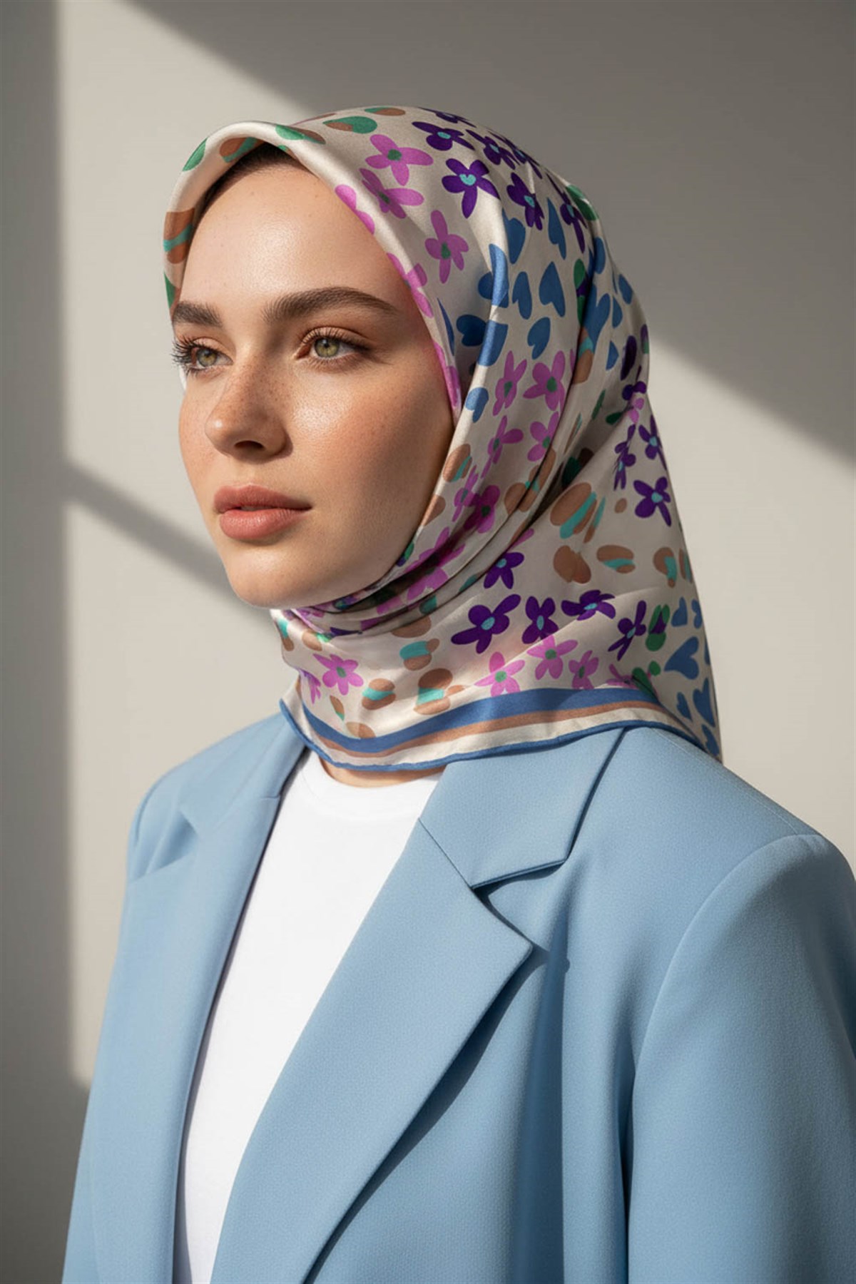 %100 Twill İpek Kalpli Leopar Desenli İndigo - Pembe Renkli 90x90 Eşarp Dikim Şekli : El Dikişi