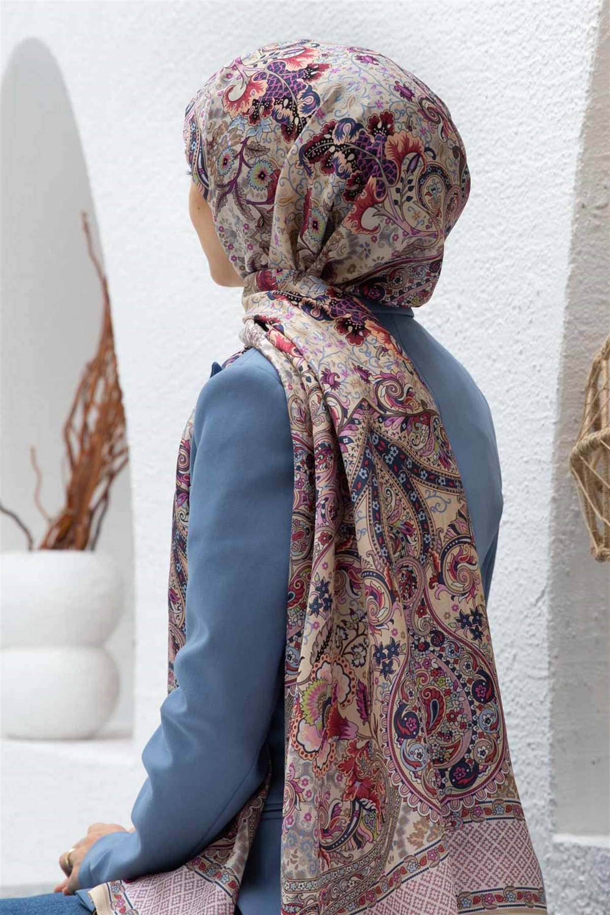 %100 İPEK ETRO DESENLİ BEJ - MÜRDÜM RENKLİ ŞAL