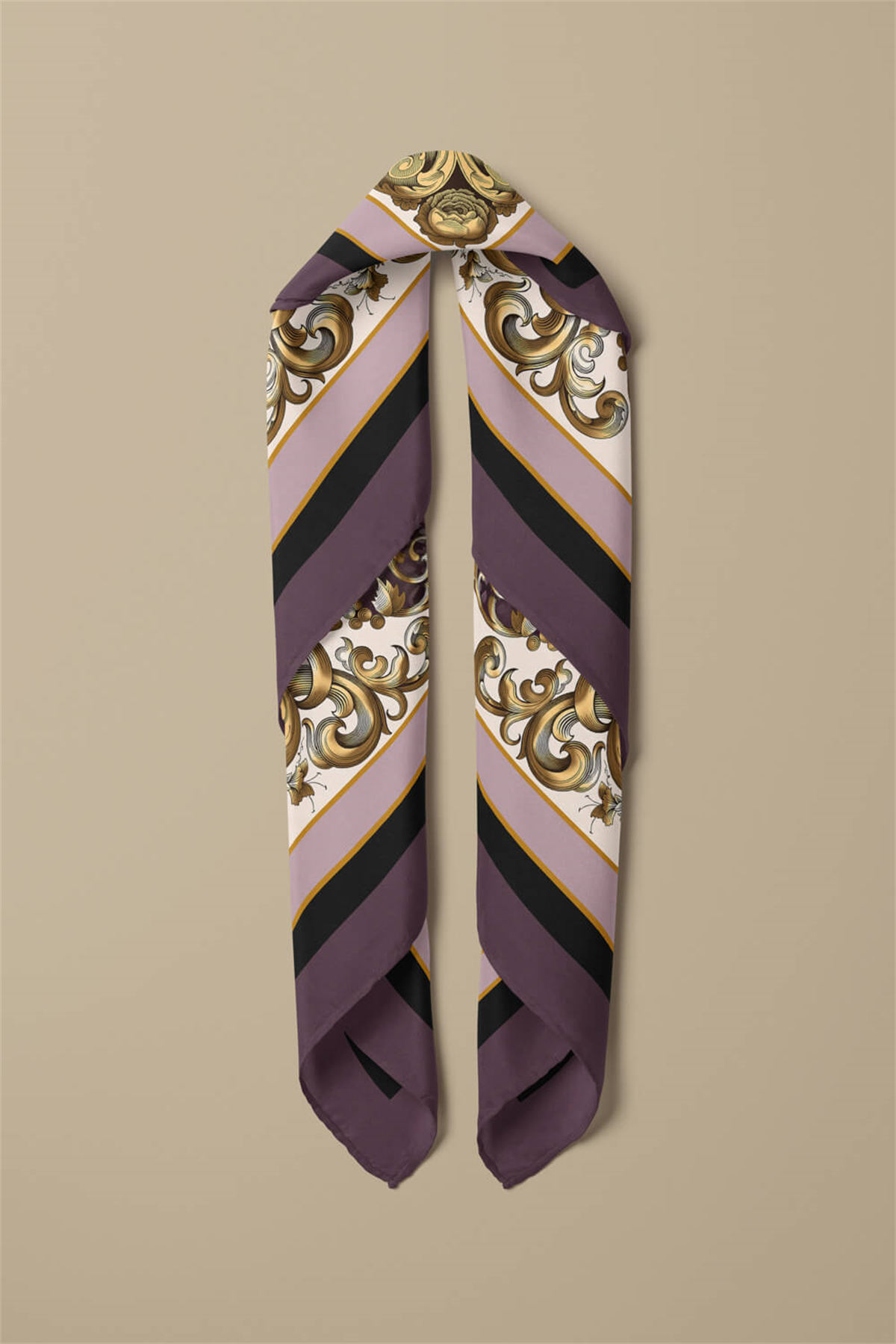 D118 Kadın Vintage Desenli Bandana 50x50 Mor DG0223-22