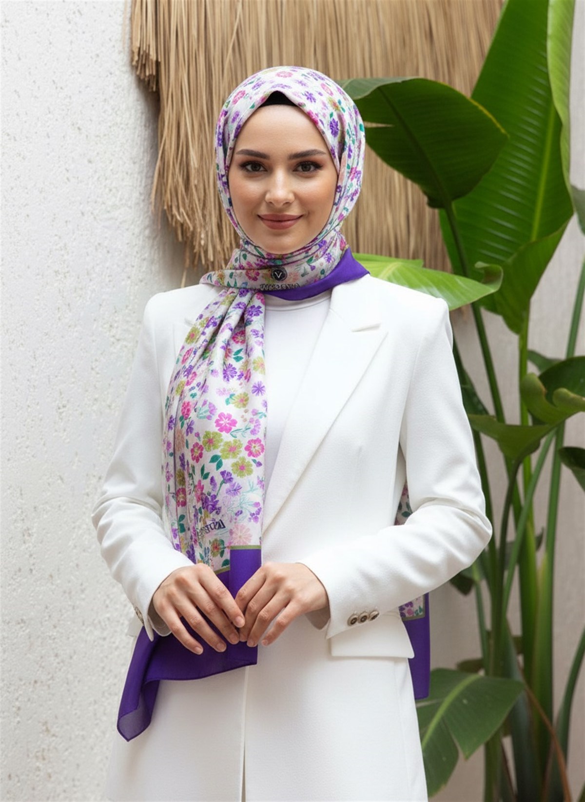 %100 Saf İpek Şal İnce Saten Vual Dokuma Çıtır Çiçek Desenli Mor Renkli 90x210 Şal