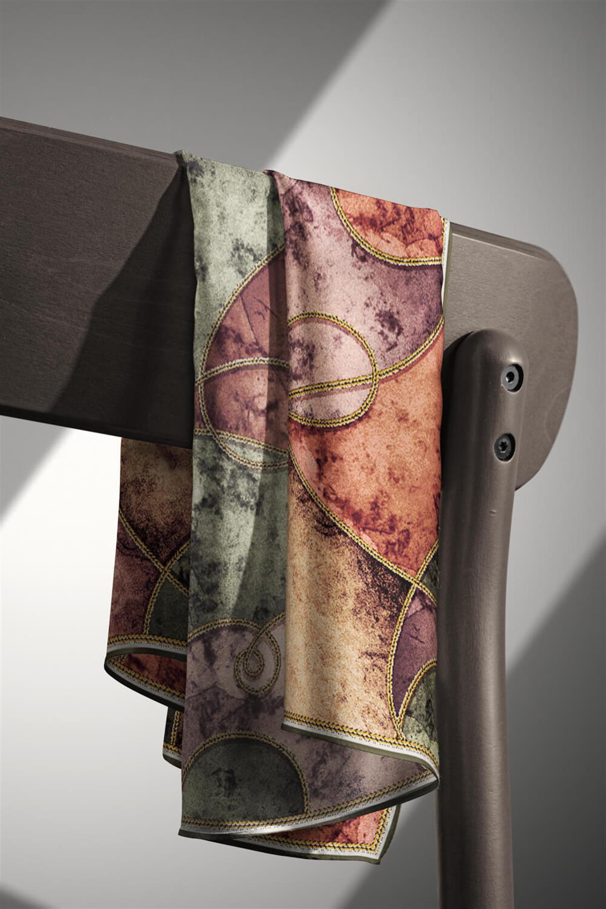 %100 Twill İpek Zincirli Mermer Desenli Haki - Bakır Renkli 90x90 Eşarp Dikim Şekli : El Dikişi