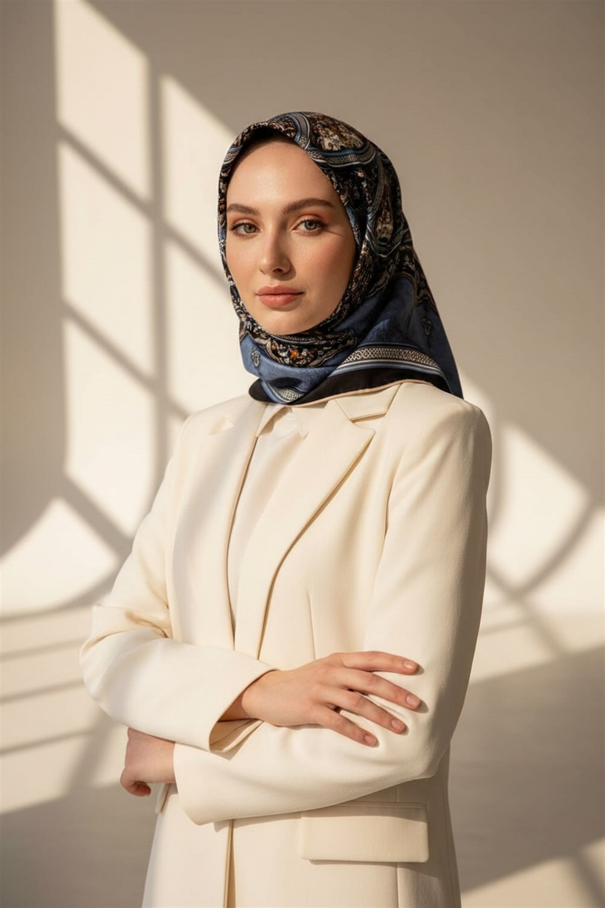 %100 Twill İpek Şal Desenli İndigo - Lacivert Renkli 90x90 Eşarp Dikim Şekli : El Dikişi