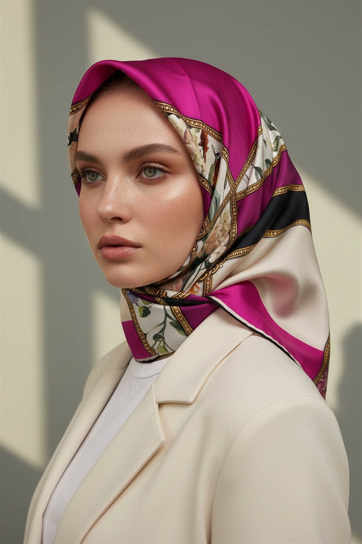 100% Twill İpek Şeritli Çiçek Desenli Fuşya - Krem Renkli 90x90 Dikim Şekli : El Dikişi Eşarp