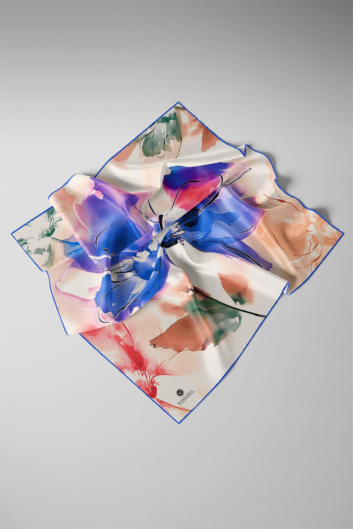 %100 Twill İpek Sulu Boya Çiçek Desenli Saks Renkli 90x90 Eşarp Dikim Şekli : El Dikişi