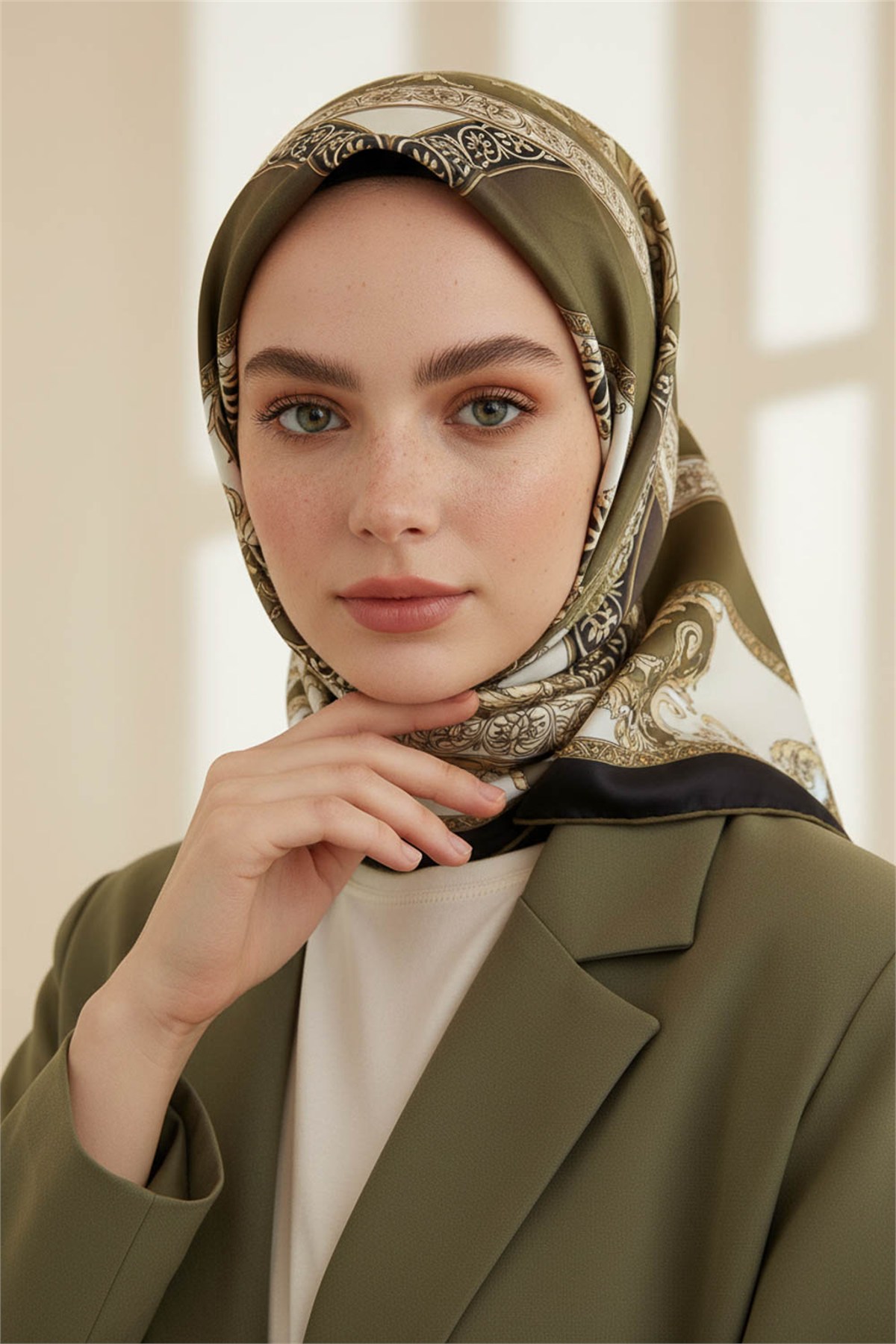 Twill Barok Desenli Haki Yeşili Renkli 90x90 Eşarp (İpek İçermez) Kenar Dikiş Şekli El Dikişli