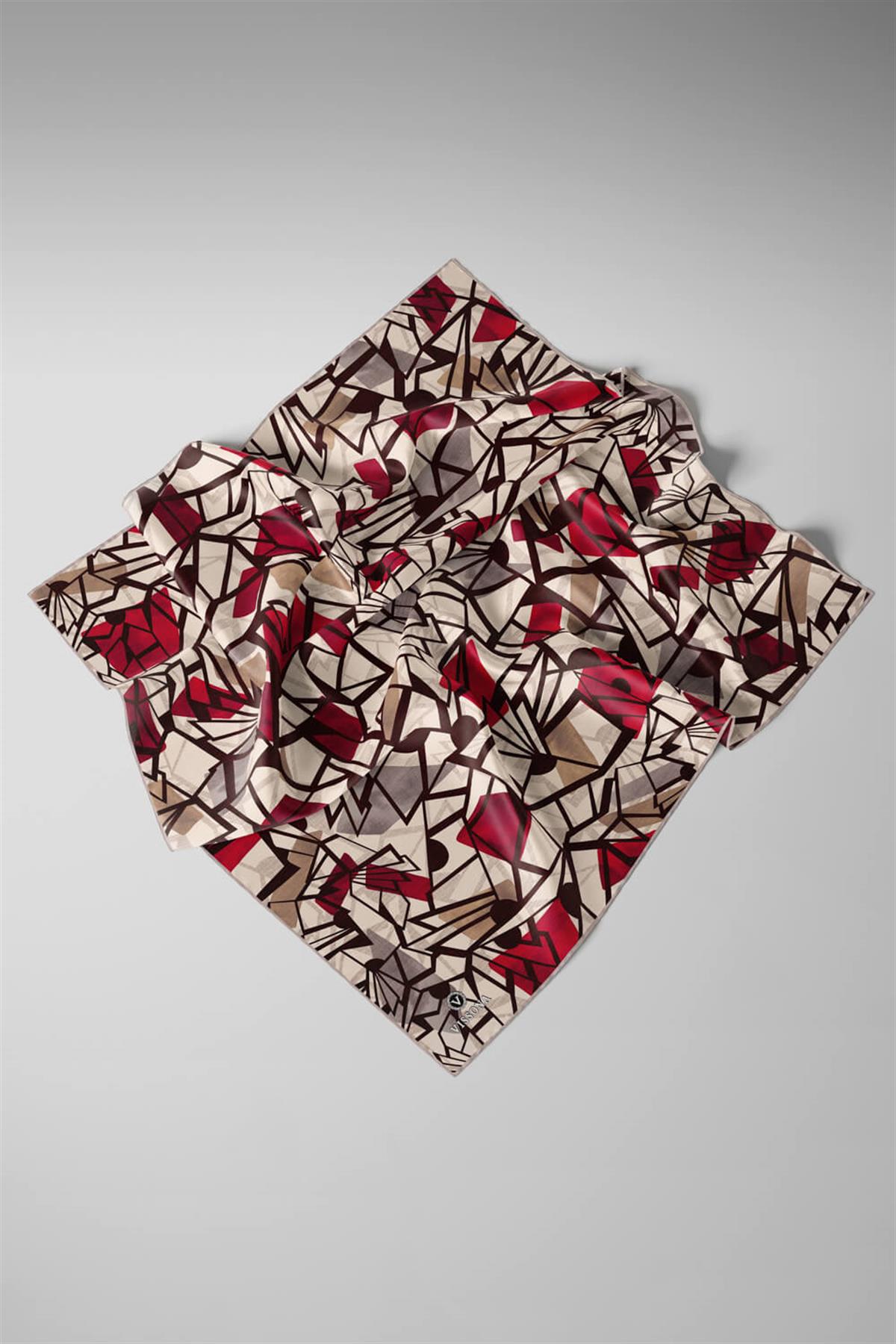 %100 Twill Renkli Petek Desenli Bej - Kırmızı Renkli 90x90 Eşarp Dikim Şekli: El Dikişii