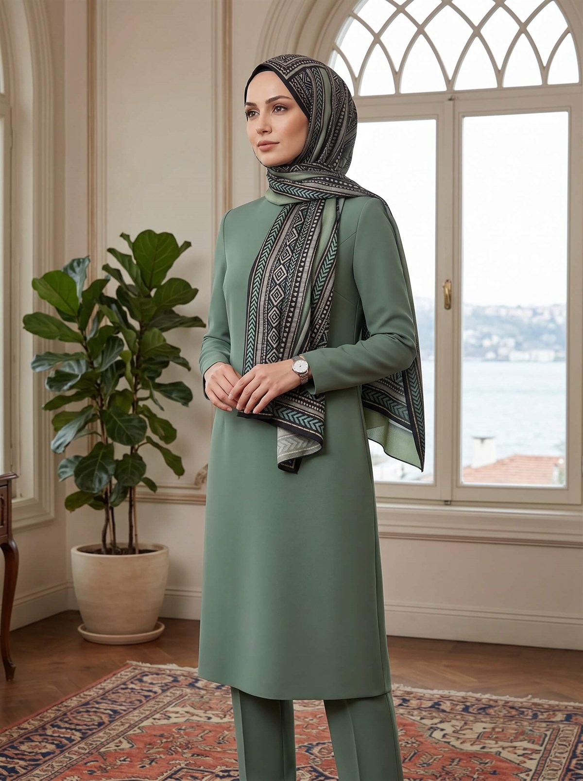 %100 İPEK ETNİK DESENLİ HAKİ YEŞİLİ RENKLİ ŞAL