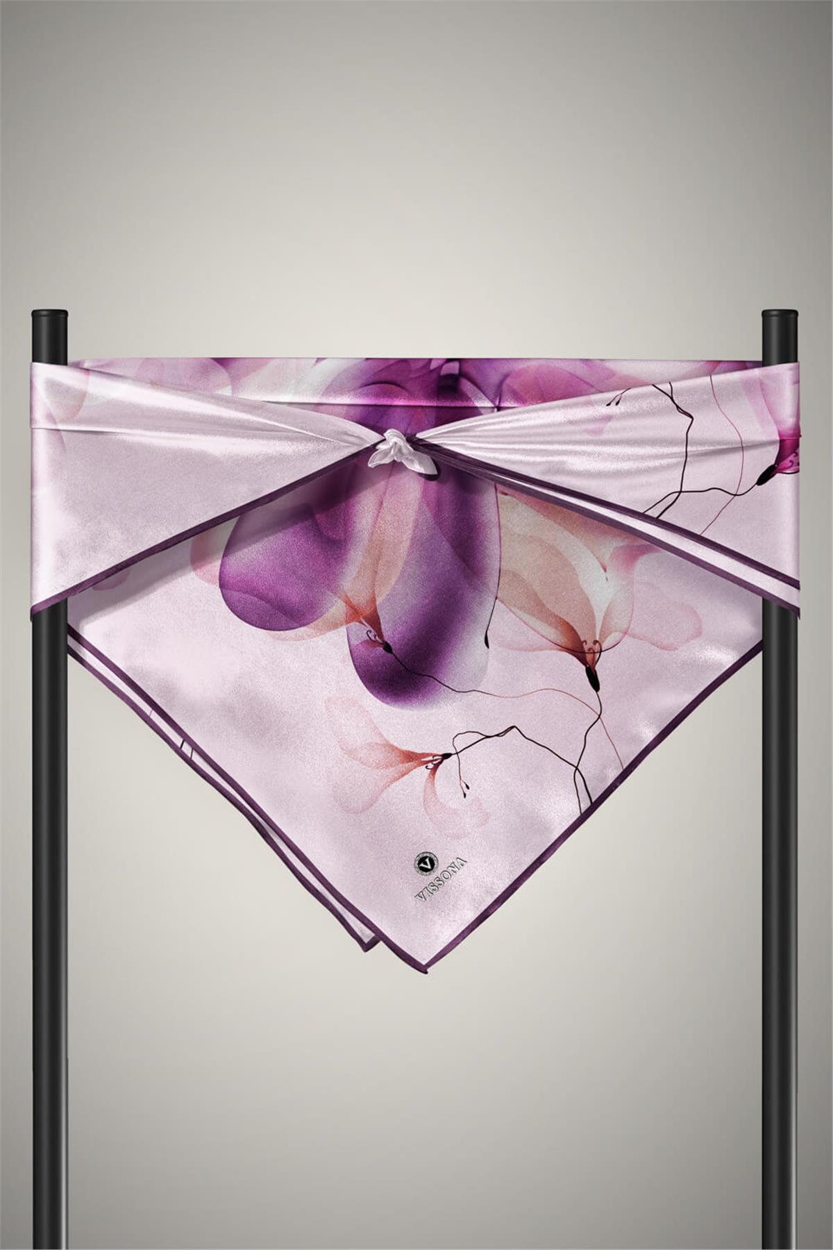%100 Twill İpek Büyük Çiçek Desenli Mürdüm - Lila Renkli 90x90 Eşarp Dikim Şekli : El Dikişi