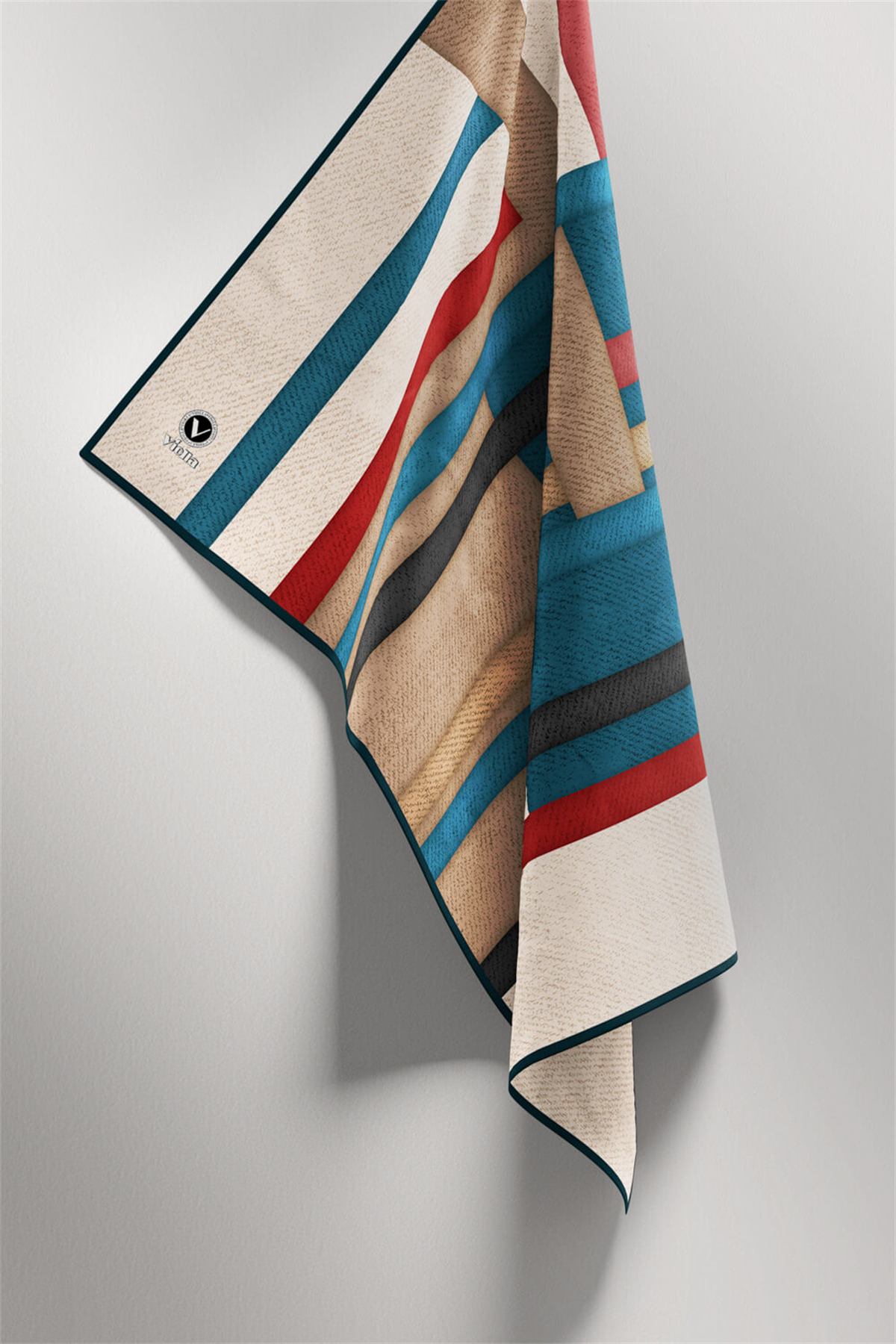 Twill Renkli Şerit Desenli Petrol Mavisi Renkli 90x90 Eşarp (İpek İçermez) Kenar Dikiş Şekli El Dikişli
