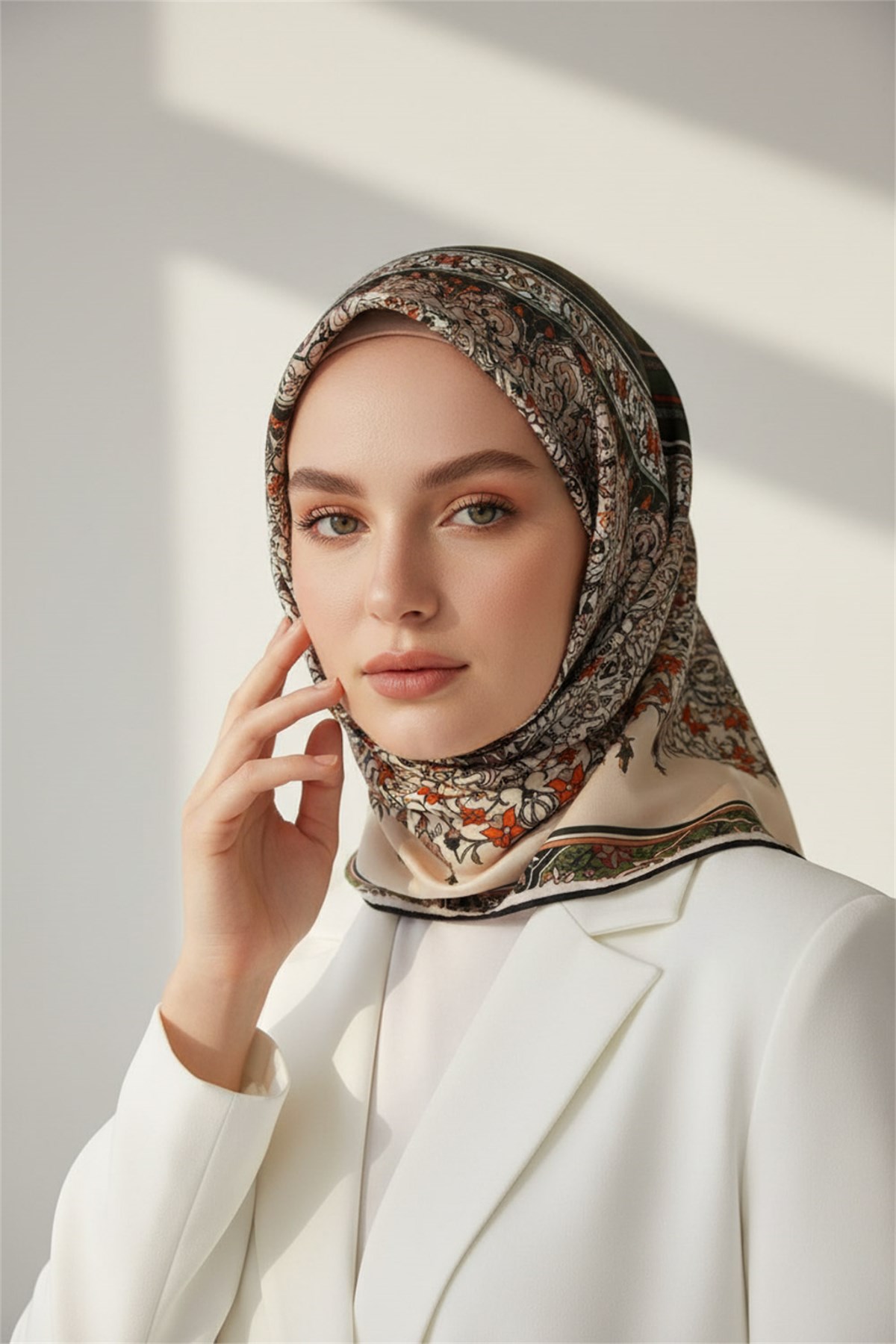 %100 Twill İpek Şal Desenli Haki Renkli 90x90 Eşarp Dikim Şekli : El Dikişi