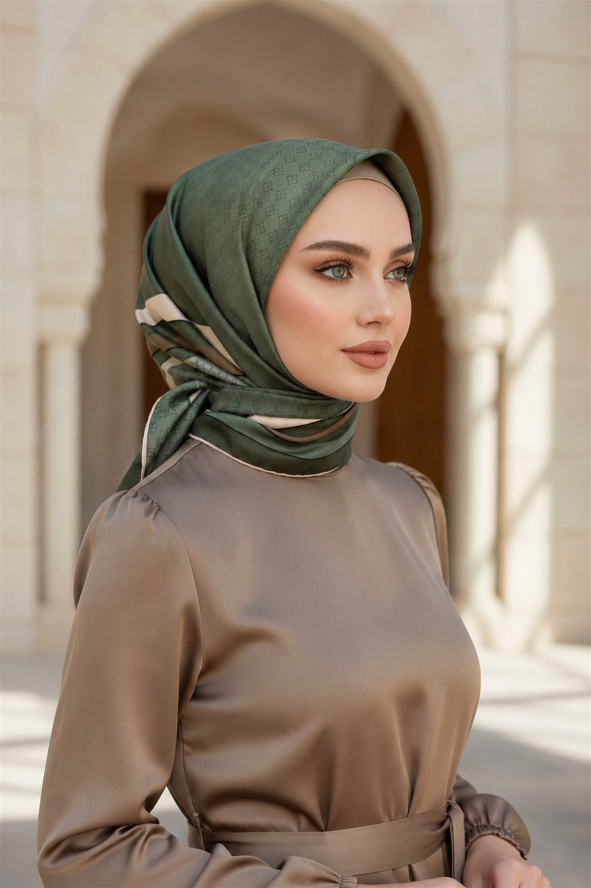 % 57 İPEK % 43 VİSKON Twill İpek Degrade Desenli Haki - Bej Renkli 90x90 Eşarp Dikim Şekli : El Dikişi