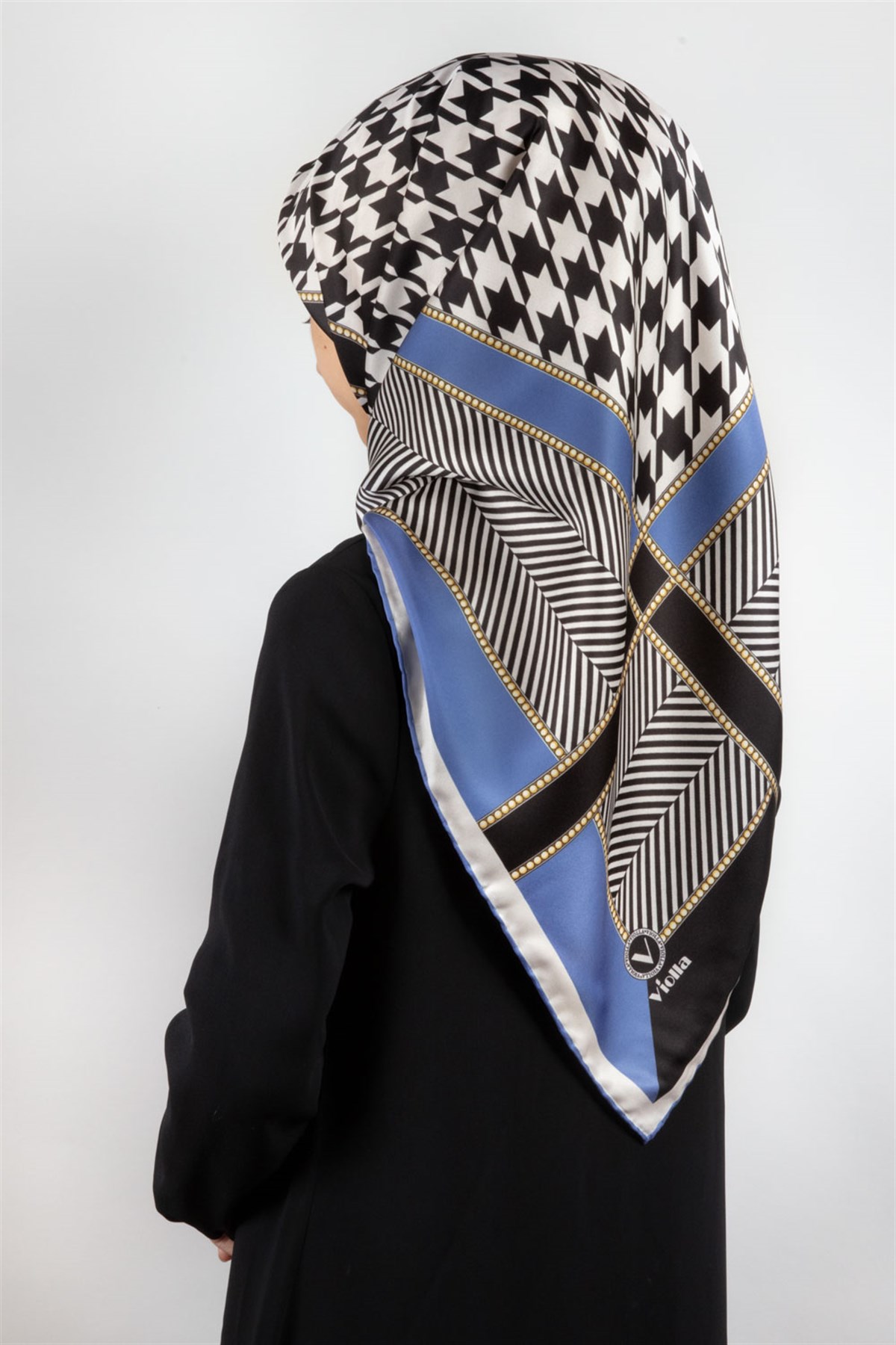 Twill Kazayağı Desenli İndigo Renkli 90x90 Eşarp (İpek İçermez) Kenar Dikiş Şekli El Dikişli