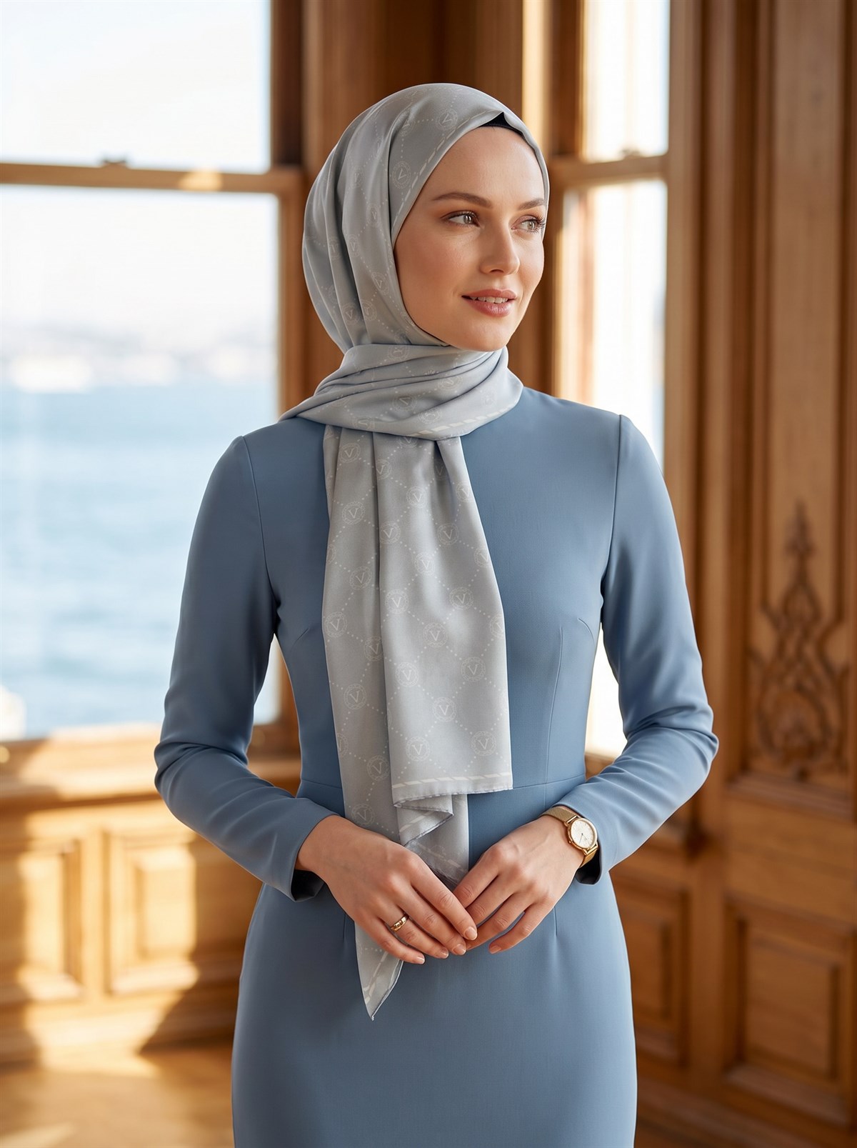 % 100 İpek V Logo Desenli Mint Yeşili Renkli 90x210 Şal