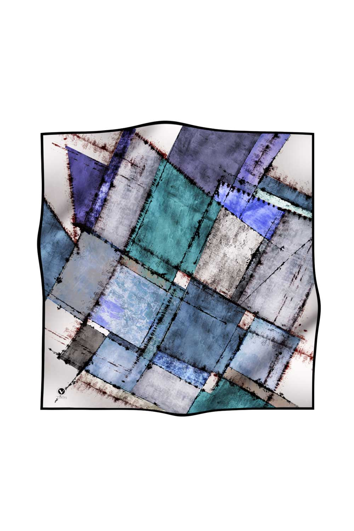 Twil Yamalı Ve Geometrik Desenli Saks Renkli 90x90 Eşarp (İpek İçermez) Dikim Şekli : El Dikişi