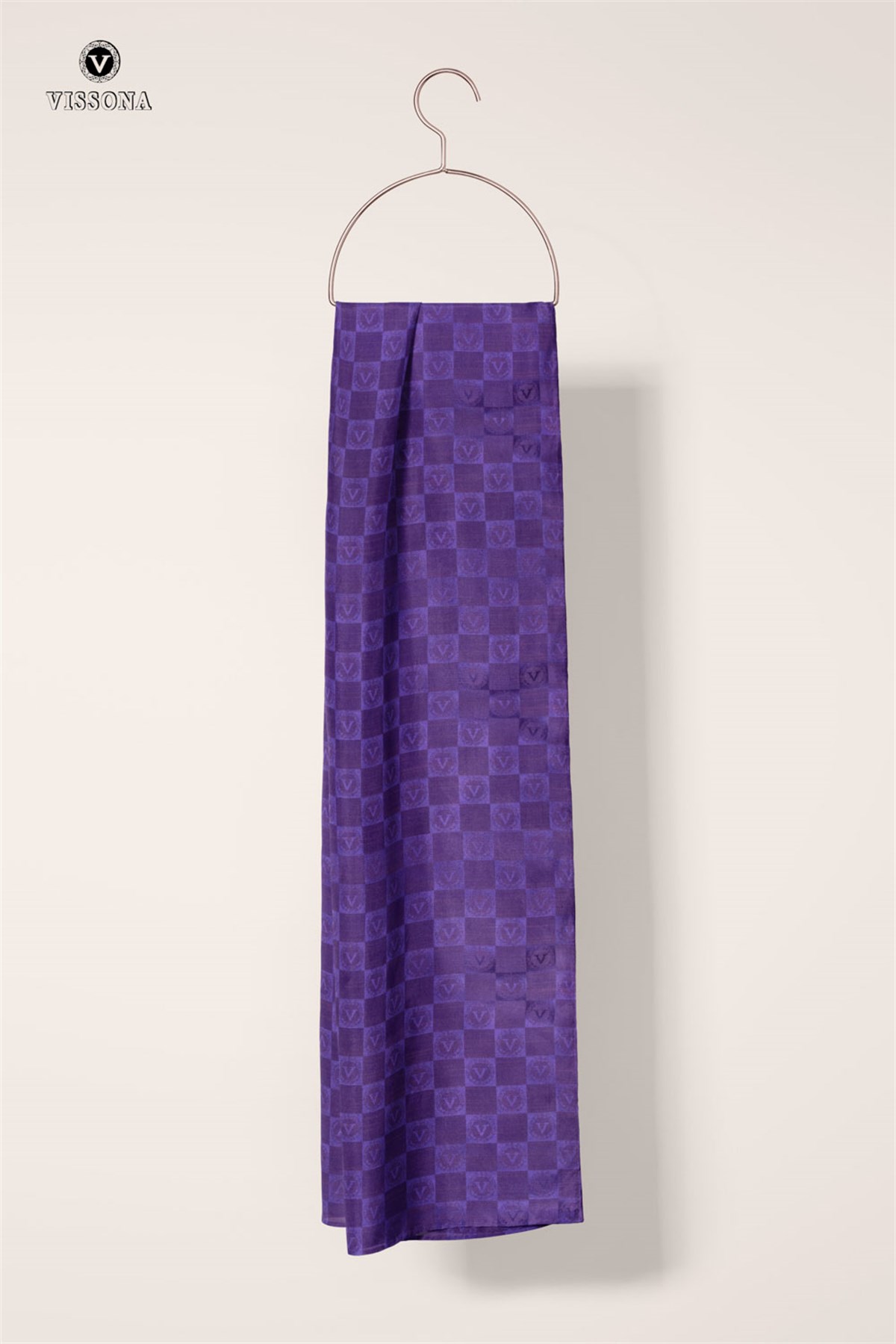 Vissona %57 İPEK %43 PAMUK Monogram Desenli Mor Renkli Şal -  70x190 Dikiş Tipi İtalyan Dikişli