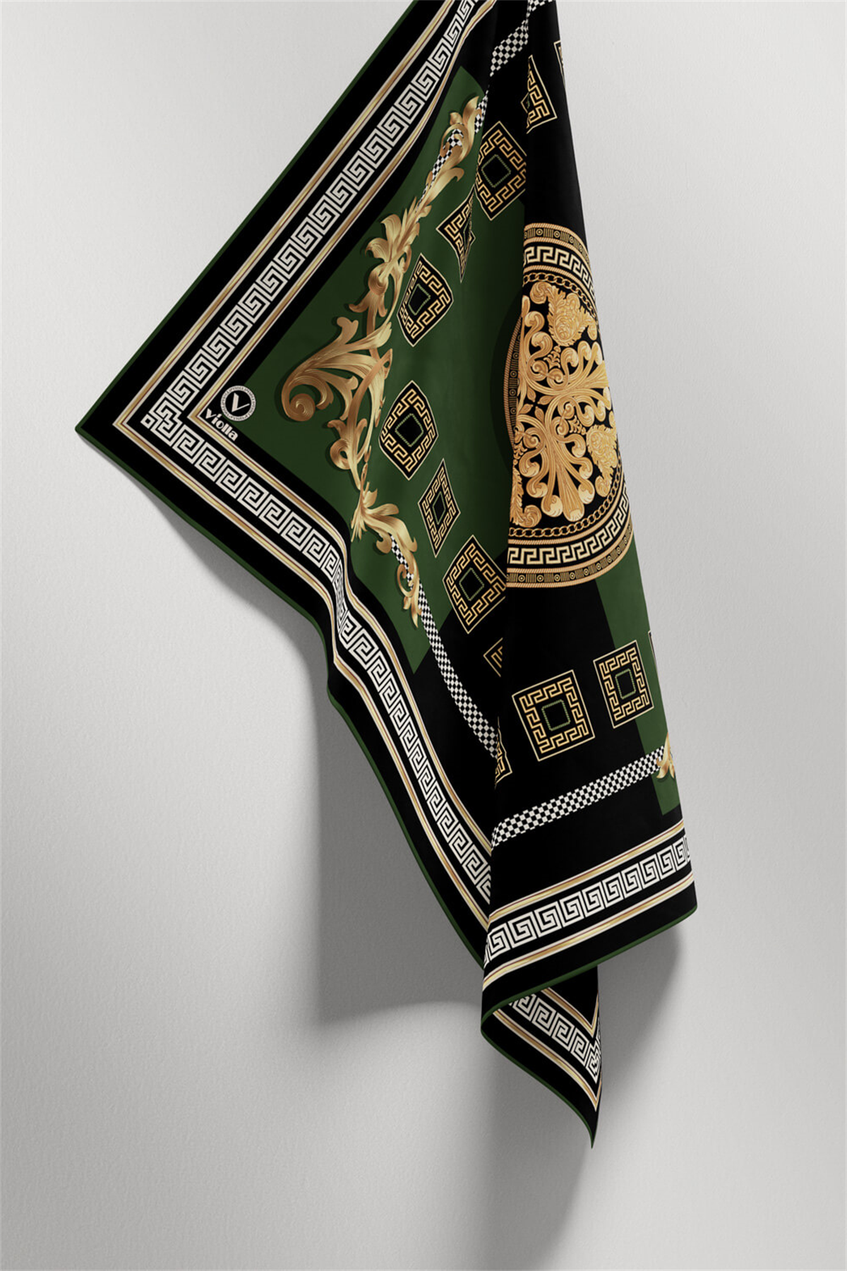 Twill Barok Desenli Zümrüt Yeşili Renkli 90x90 Eşarp (İpek İçermez) Kenar Dikiş Şekli El Dikişli