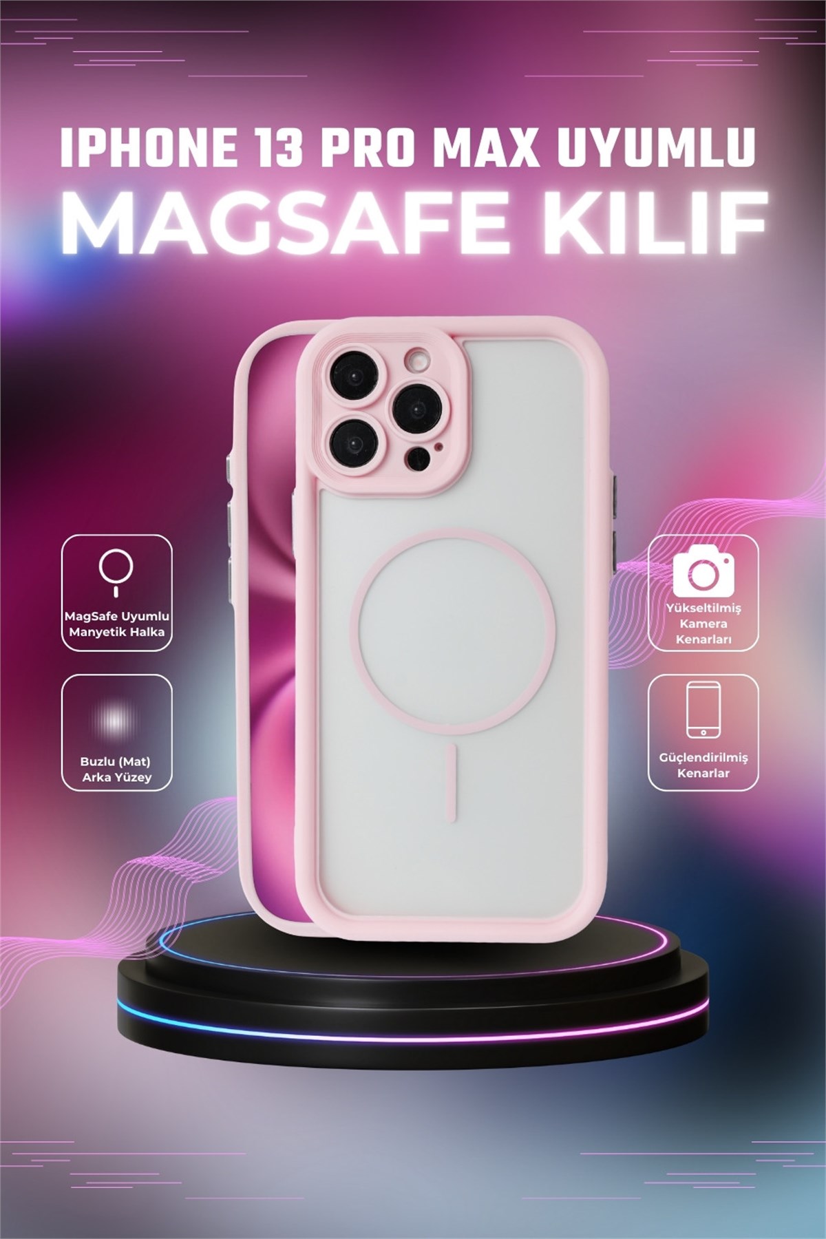 iPhone 13 Pro Max Kılıf – Kamera Korumalı – MagSafe Uyumlu – Pembe Renk – Mat Silikon Telefon Kılıfı
