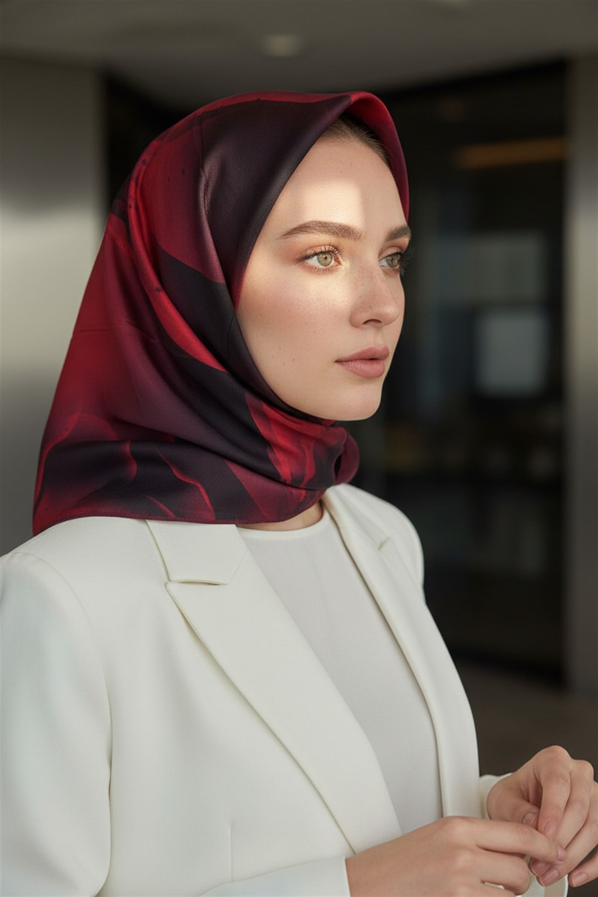 %100 Twill İpek Çiçek Desenli Bordo Renkli 90x90 Eşarp Dikim Şekli : El Dikişi