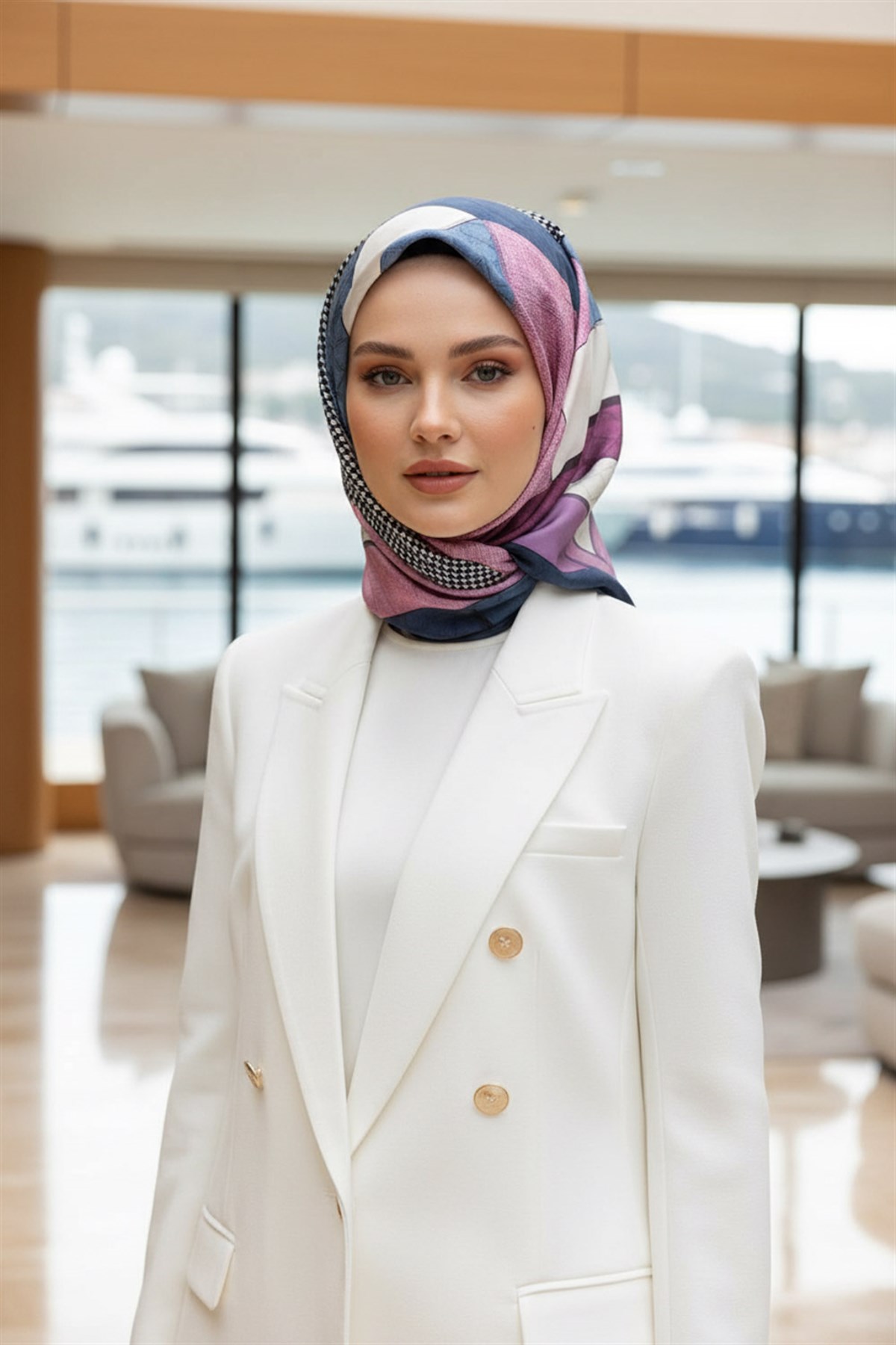 %100 Twill İpek Kazayaklı Ve Geometrik Desenli Pembe - İndigo Renkli 90x90 Eşarp Dikim Şekli : El Dikişi