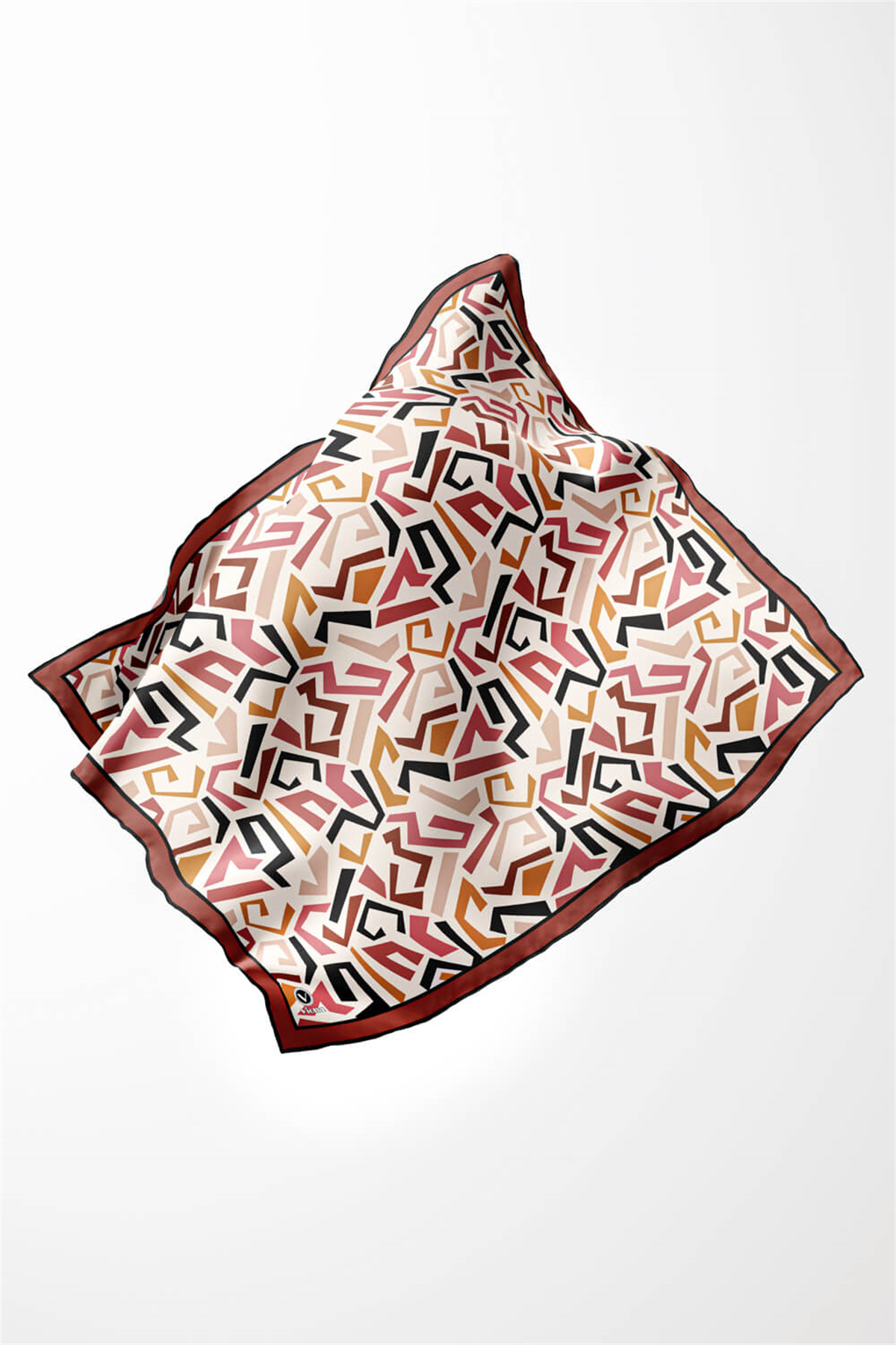 Twill Geometrik Desenli Bakır Renkli 90x90 Eşarp (İpek İçermez) Kenar Dikiş Şekli El Dikişli