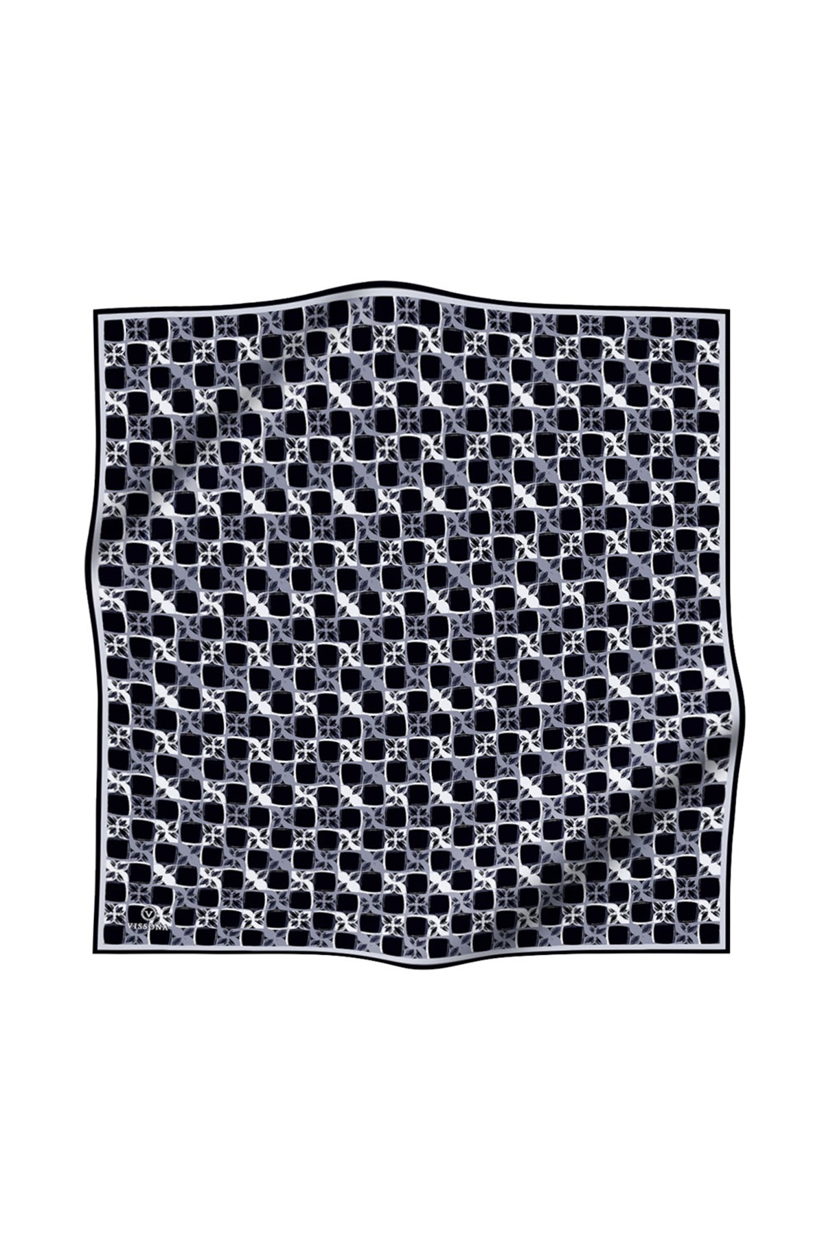 %100 Twill İpek Geometrik Desenli Siyah - Gri Renkli 90x90 Eşarp Dikim Şekli : El Dikişi