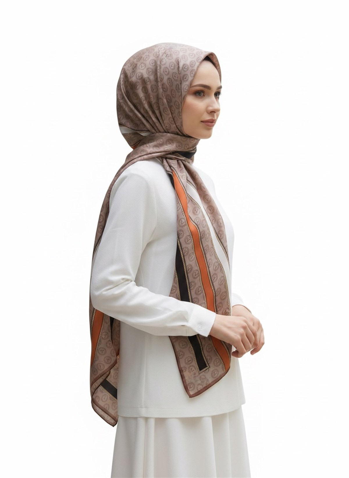 %100 İpek Monogram Desenli Bej - Turuncu Renkli 92x210 Şal