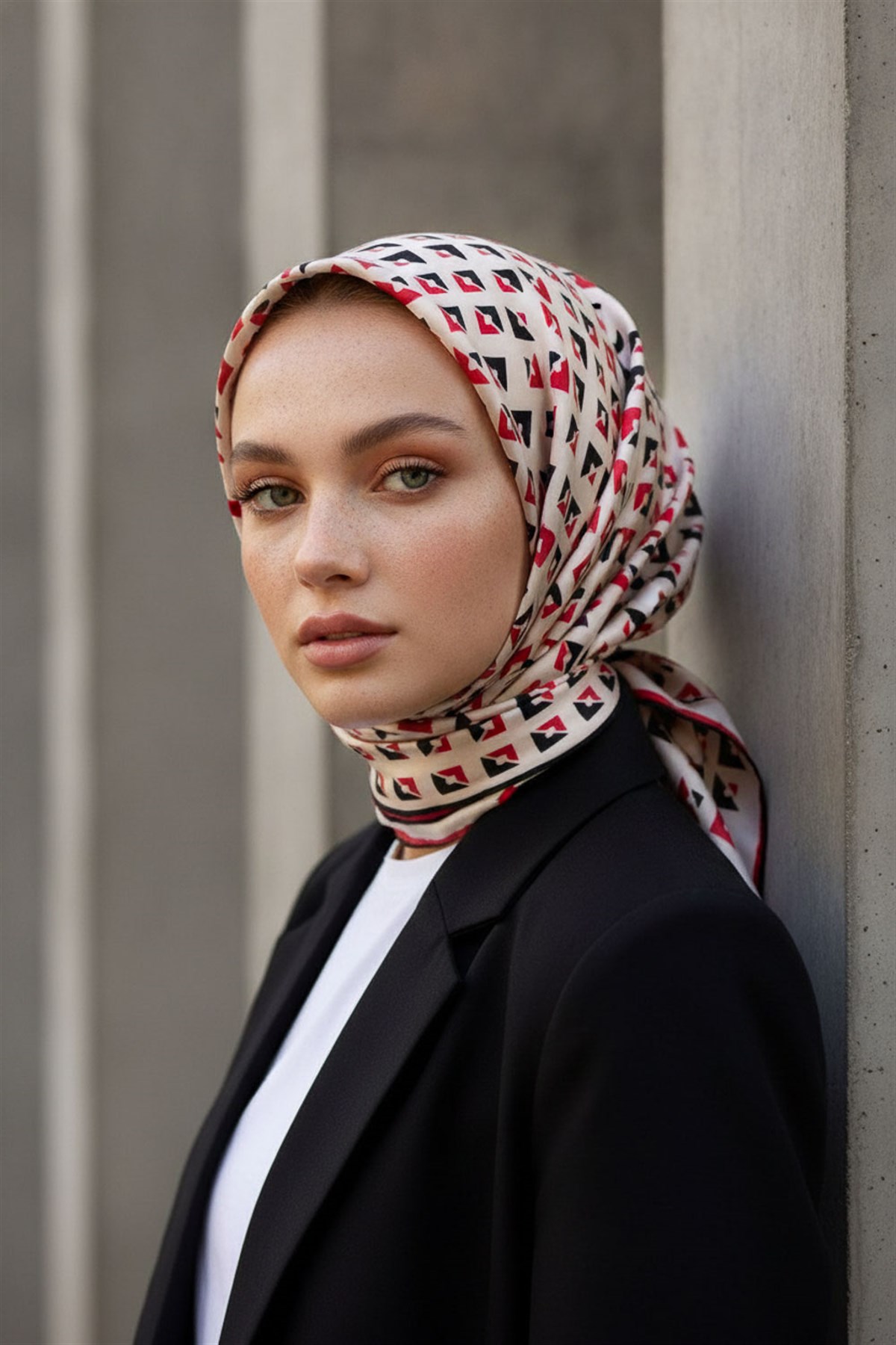 %100 Twill İpek Geometrik Desenli Kırmızı - Siyah Renkli 90x90 Eşarp Dikim Şekli : El Dikişi
