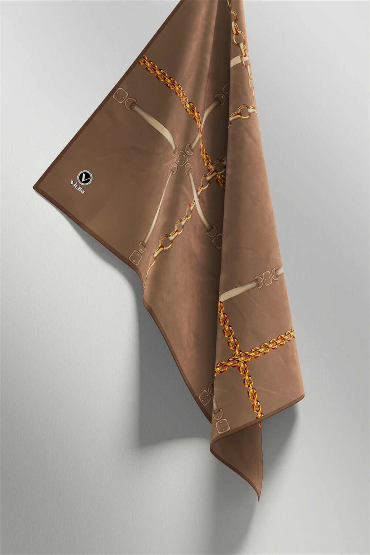 Twill Zincir ve Kemer Desenli Bej Renkli 90x90 Eşarp (İpek İçermez) Kenar Dikiş Şekli El Dikişli