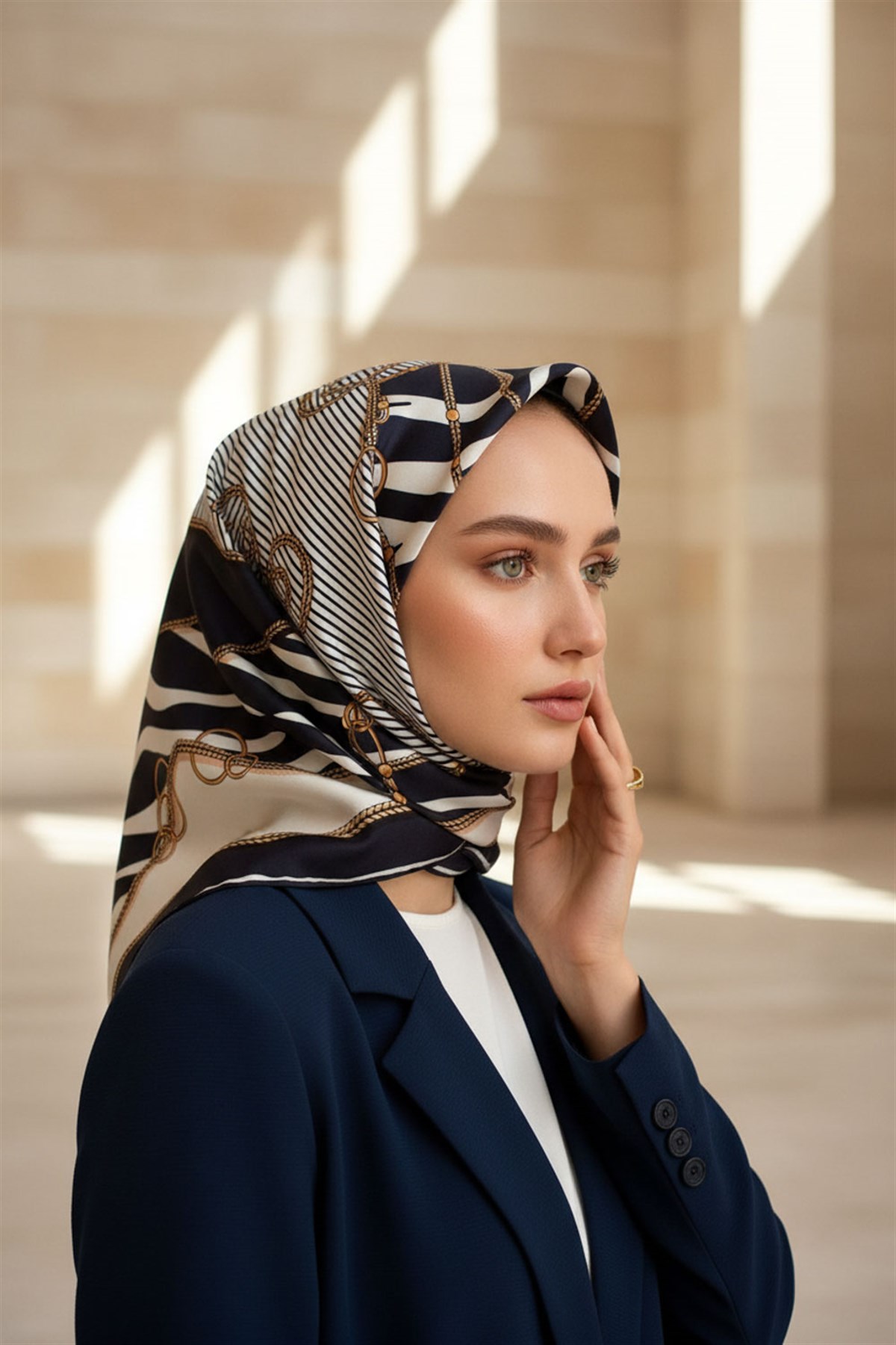 %100 Twill İpek Zincirli Ve Zebra Desenli Lacivert - Krem Renkli 90x90 Eşarp Dikim Şekli : El Dikişi