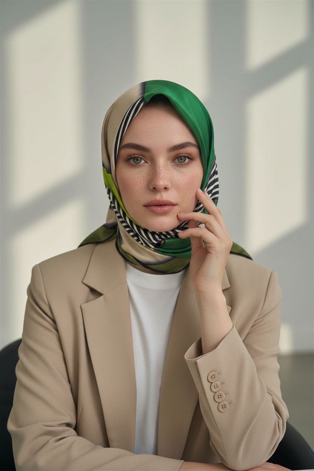 %100 Twill İpek Çizgili ve Geometrik Desenli Zümrüt Yeşili - Haki Renkli 90x90 Eşarp Dikim Şekli : El Dikişi