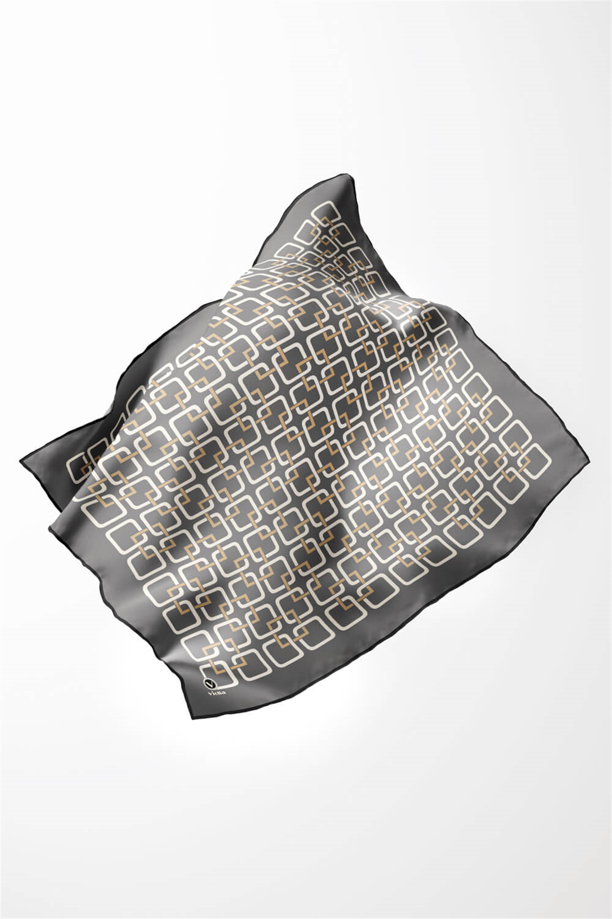 Twill Geometrik Desenli Gri Renkli 90x90 Eşarp (İpek İçermez) Kenar Dikiş Şekli El Dikişli