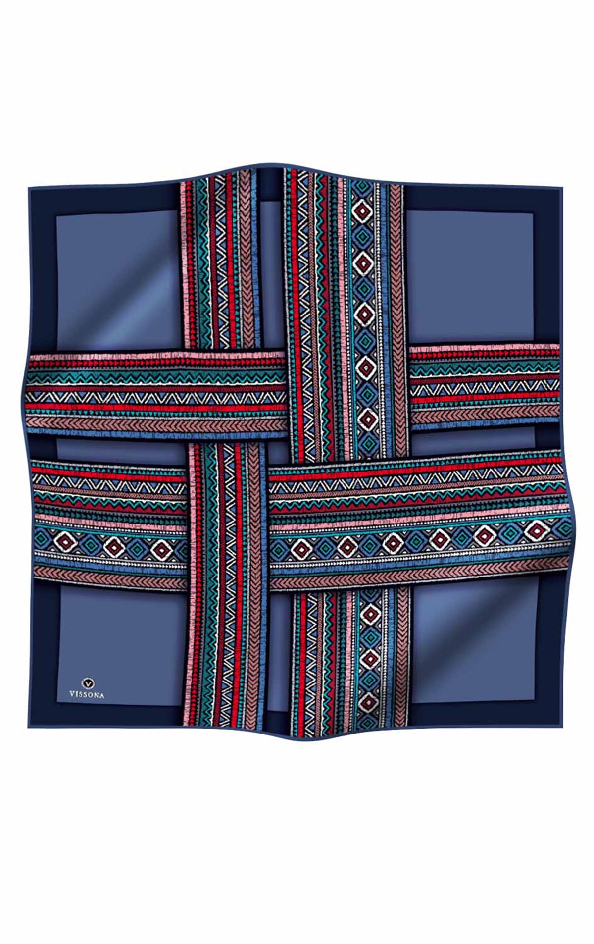 %100 Twill İpek Etnik Desenli İndigo - Bordo Renkli 90x90 Eşarp Dikim Şekli : El Dikişi