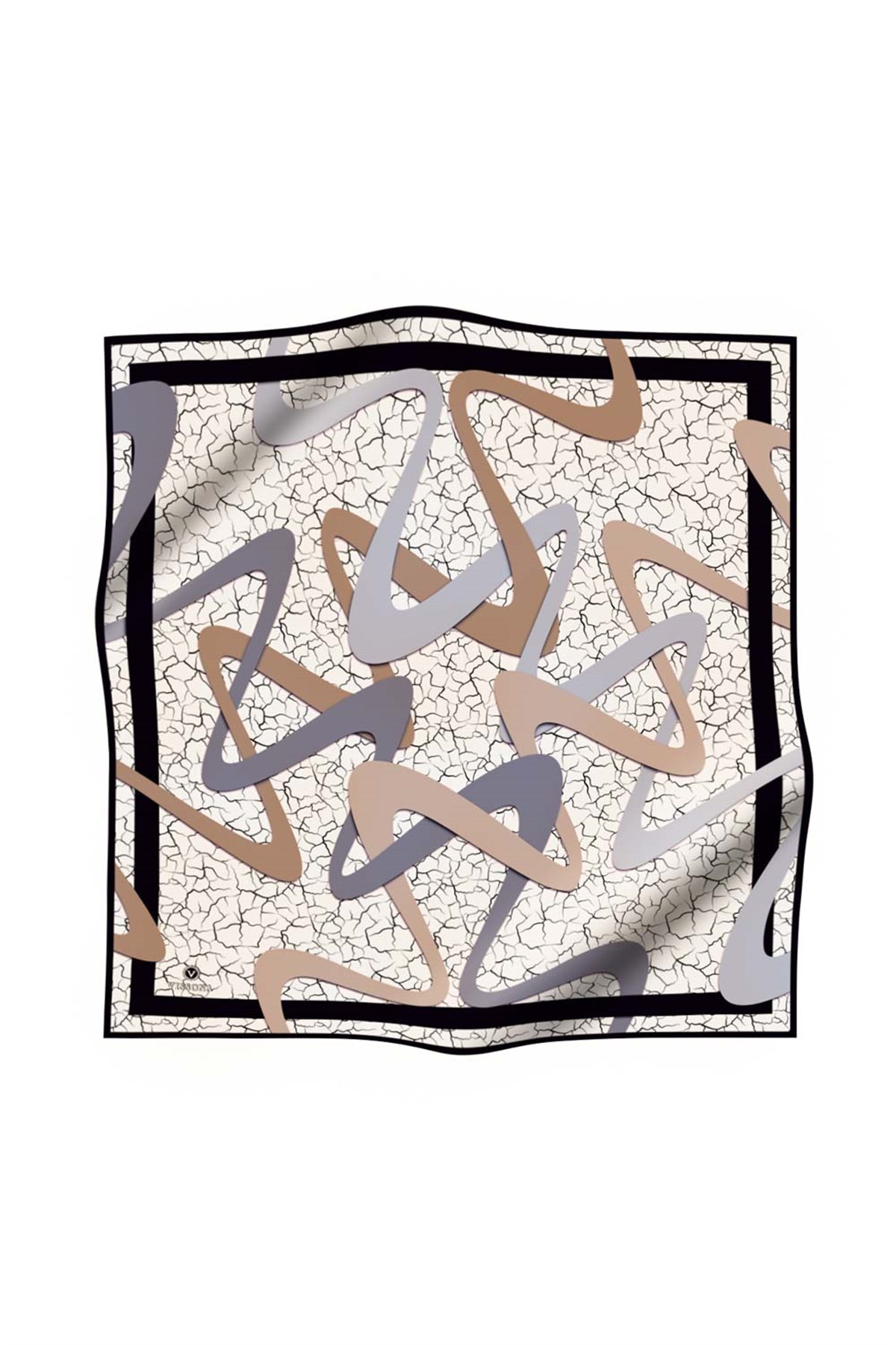%100 Twill İpek Geometrik Ve Çatlak Desenli Gri - Bej Renkli 90x90 Eşarp Dikim Şekli : El Dikişi