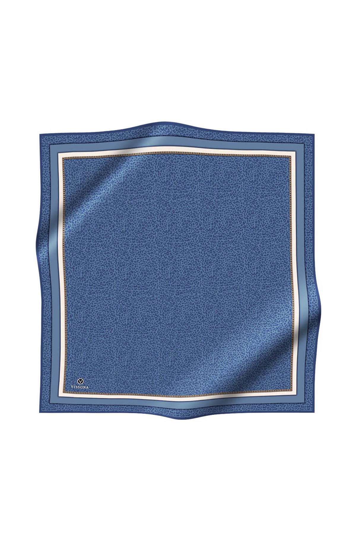 % 57 İPEK % 43 VİSKON Twill İpek Leopar Desenli İndigo - Krem Renkli 90x90 Eşarp Dikim Şekli : El Dikişi